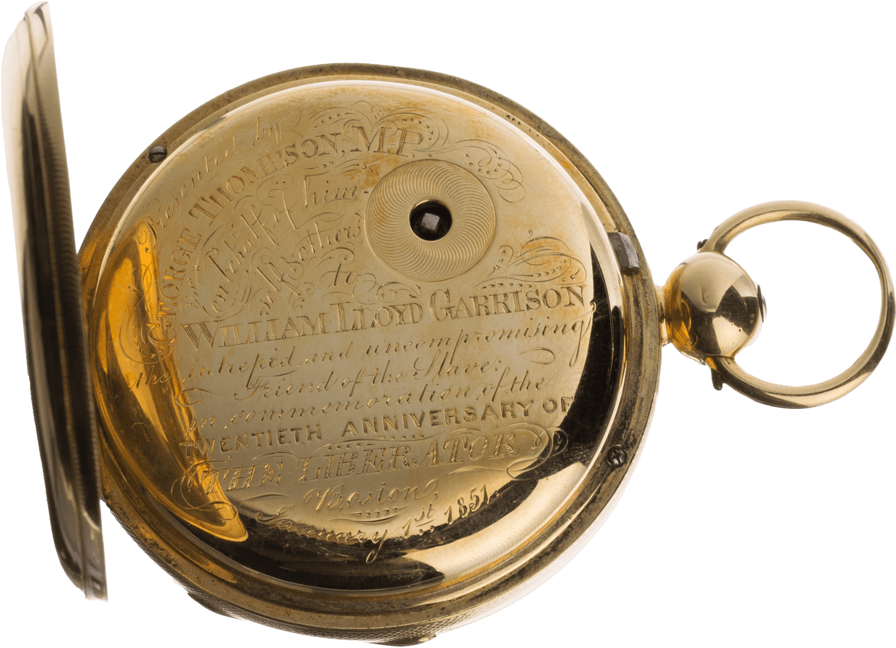 An inscribed gold pocket watch presented to William Lloyd Garrison. The watch has a half hunter case, with spring hinged glass cover over the dial and a hinged gold lid over the back, protecting the inscription and winding square. The dial is painted white with roman numerals and fleur de lis shaped watch hands. There is a smaller 60-second dial partly obscuring the "VI" of the larger dial. The two hinged covers open via a button on the crown and bow, positioned above the "XII" of the dial. The engraved inscription on the back of the watch is decorative and reads [Presented by / GEORGE THOMPSON, M.P. / on behalf of him / self and others / to / WILLIAM LLOYD GARRISON, / intrepid and uncompromising / Friend of the Slave: / in commemoration of the / TWENTIETH ANNIVERSARY OF / THE LIBERATOR / Boston / January 1st, 1851] in several text sizes and fonts. Production and identification marks are stamped and scratched on the inside of the back cover.