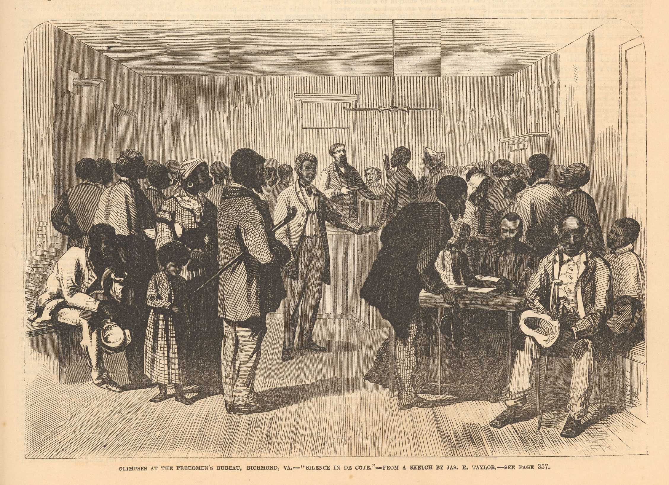 A drawing of the Freedmen's Bureau. People of all ages talking and discussing and others are standing in line.