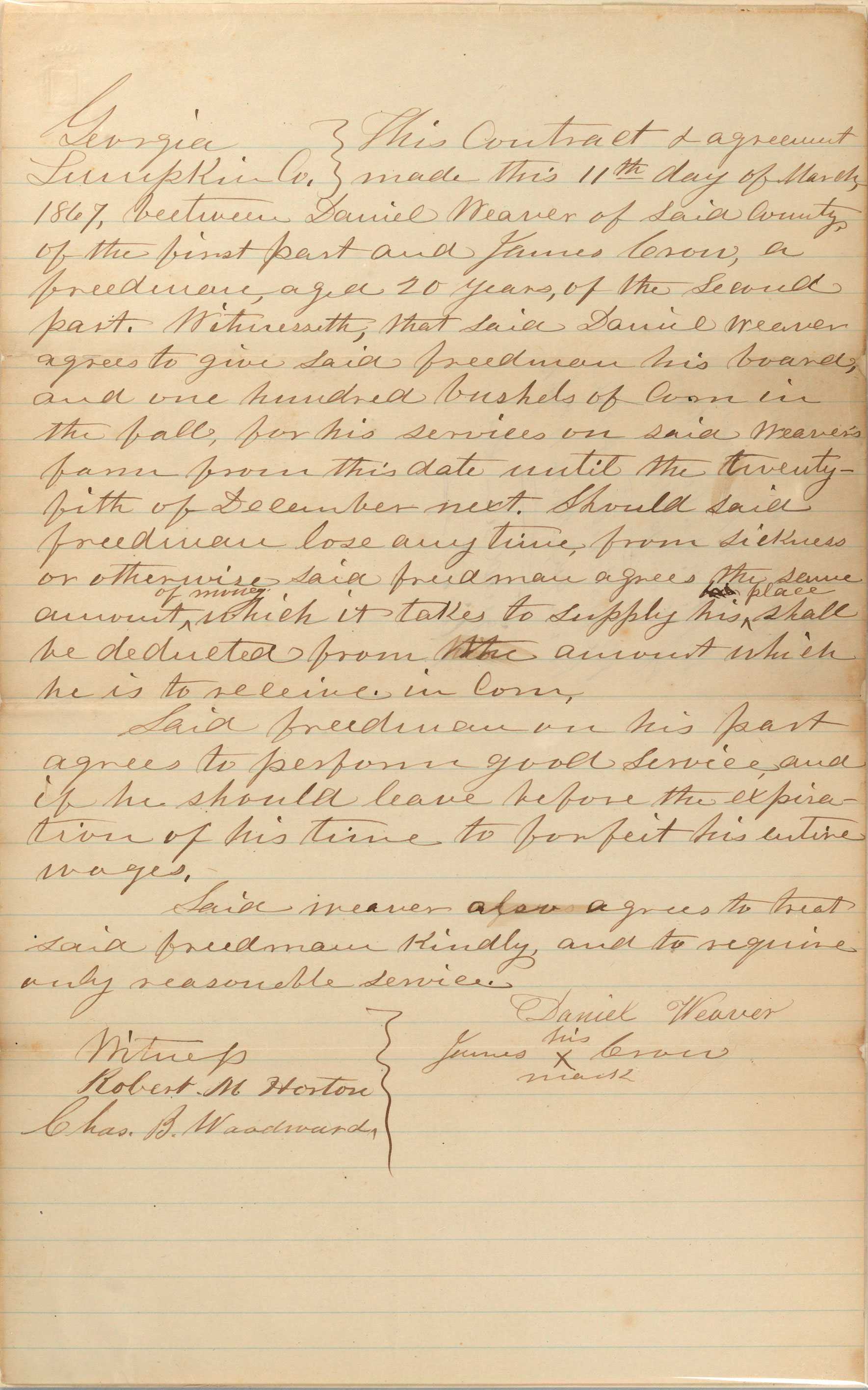 Handwritten labor agreement signed by Daniel Weaver and freedman James Crow.