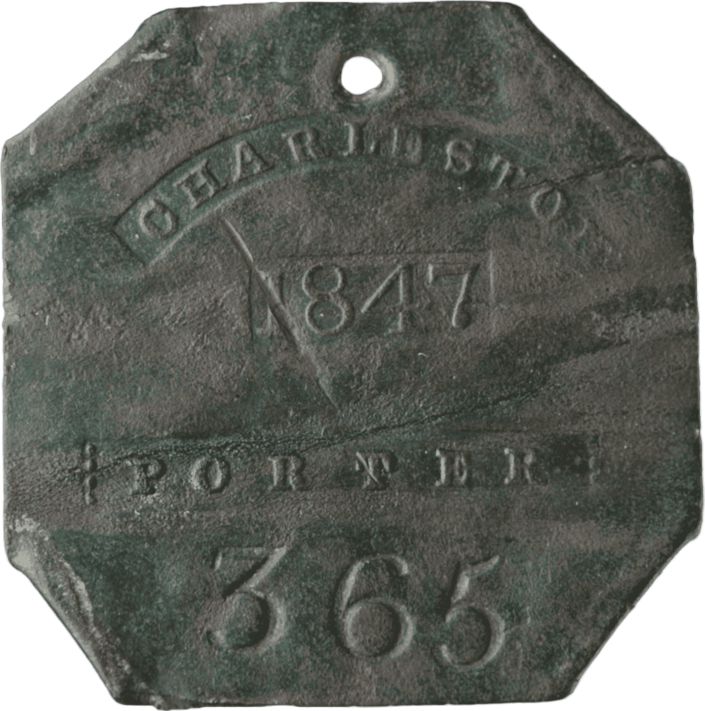 Discolored copper square with corners folded behind and an attachment hole on the top. Die stamped: "CHARLESTON / 1847 / PORTER / 365."