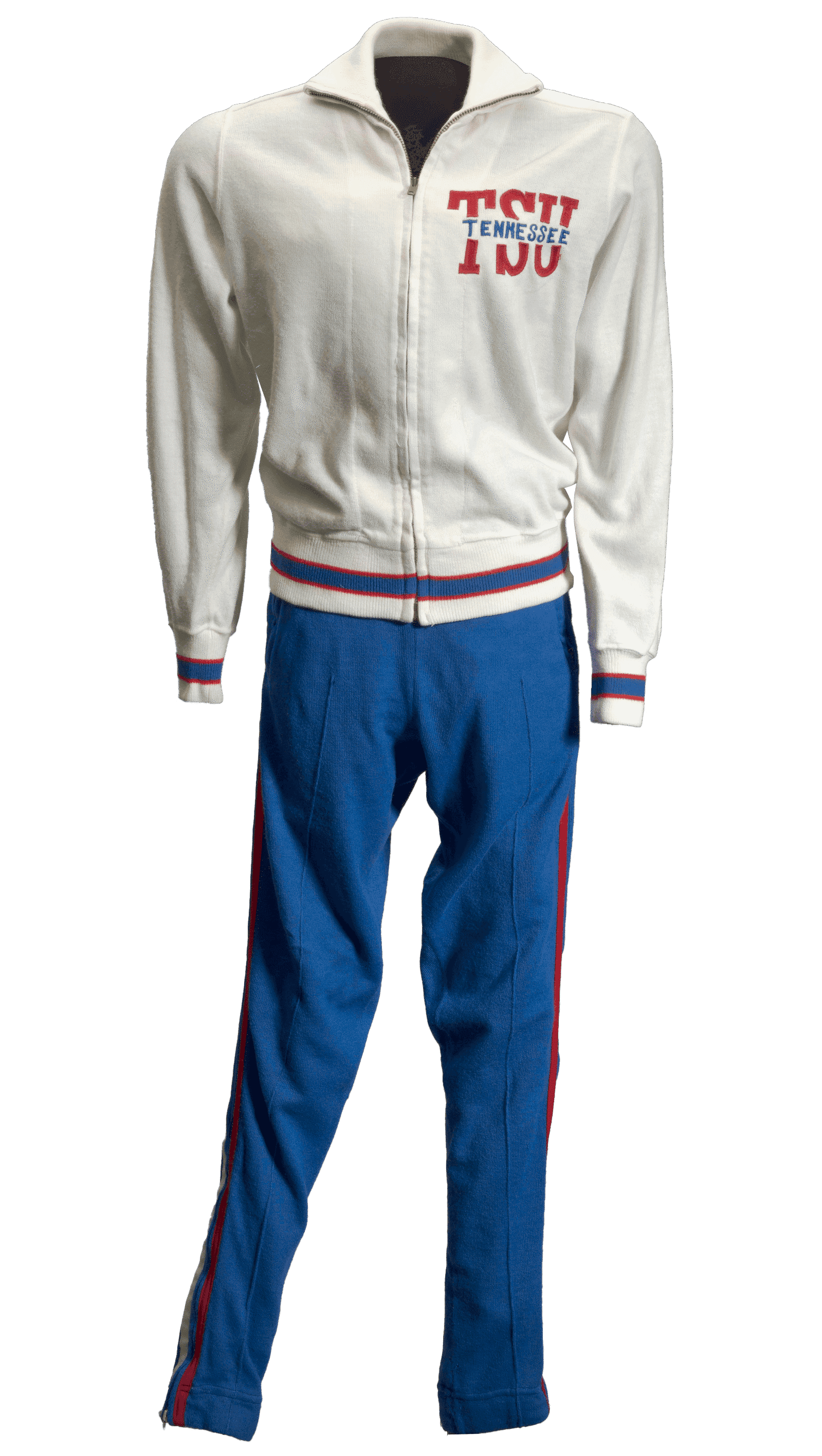 A jacket and pair of pants that are a two-piece warm-up track suit for the Tennessee State University Women's track team, the Tigerbelles, worn by Chandra Cheeseborough.