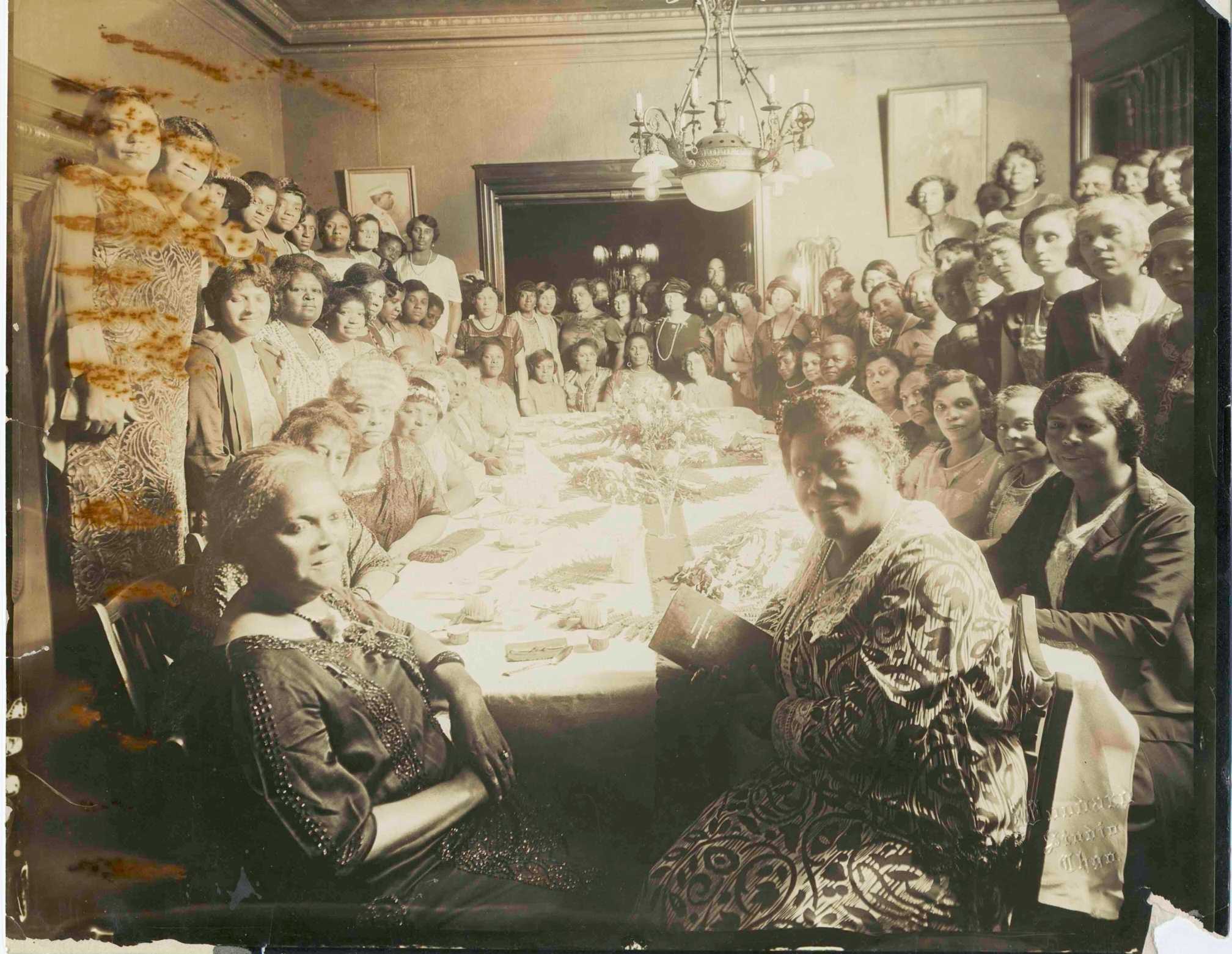 Photograph of Mary McLeod Bethune (front right) at a gathering of clubwomen in Chicago, ca. 1930