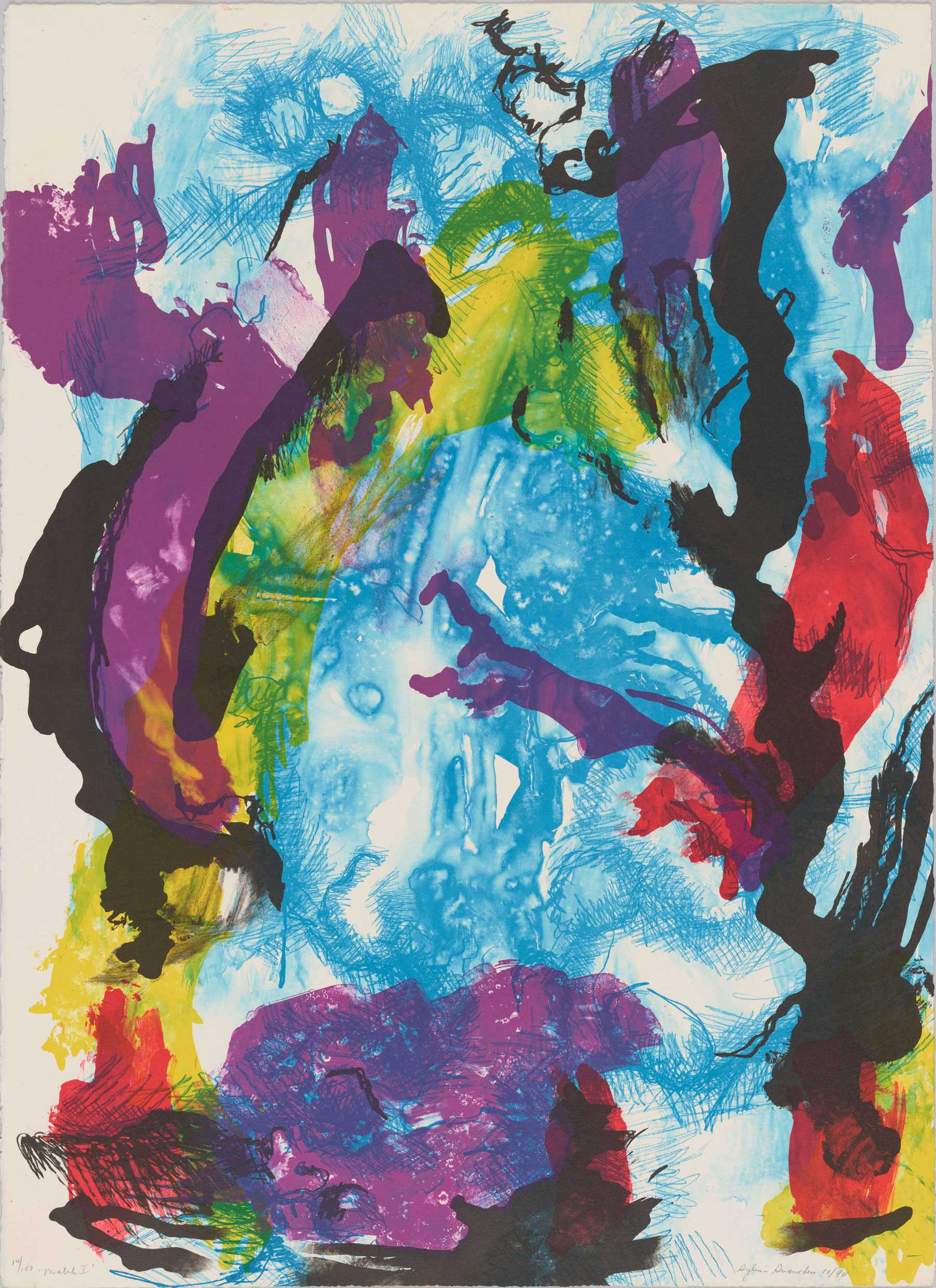 Abstract painting with vibrant colors, including blue, purple, red, yellow, and black.