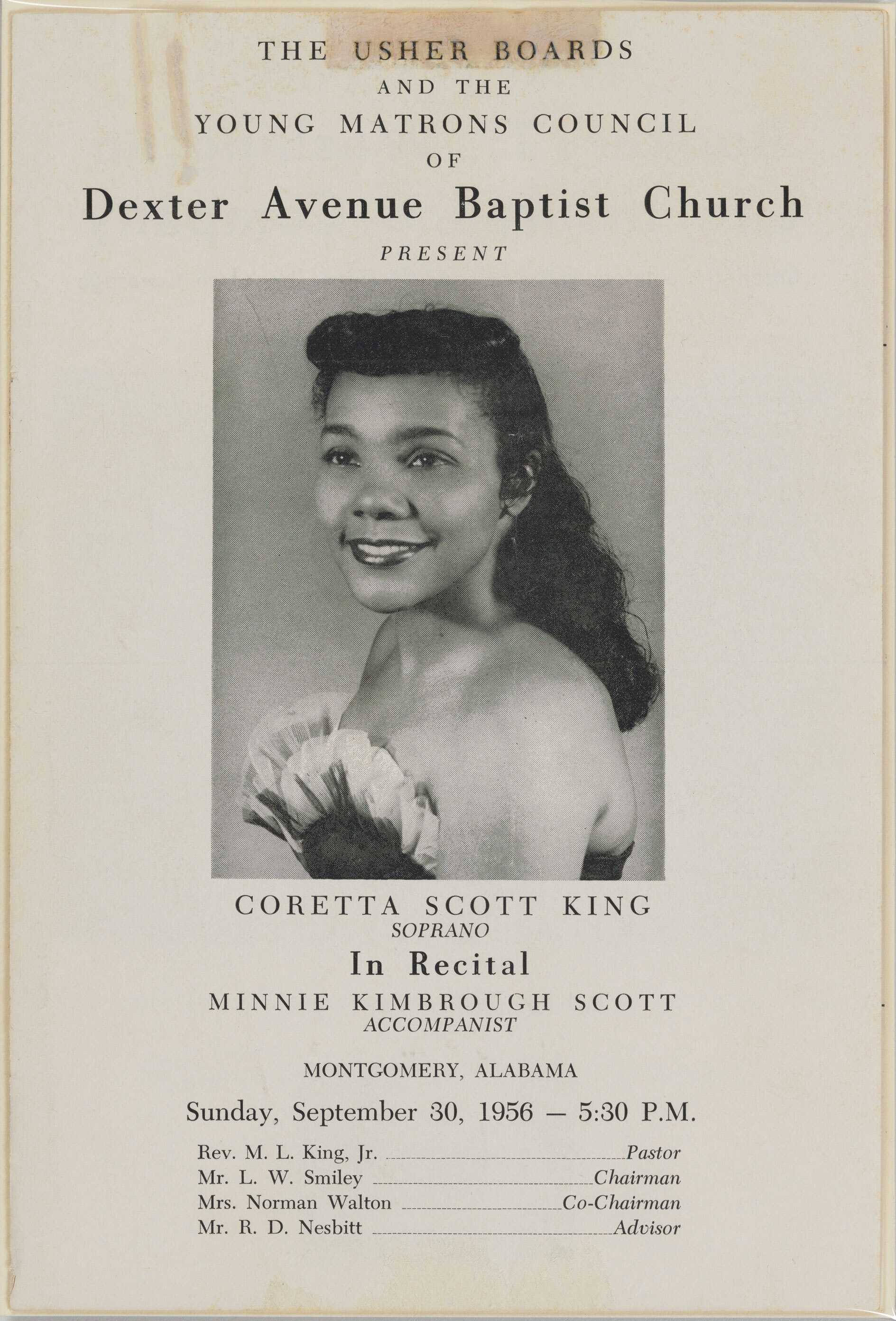 Image of a program for a Mrs. Coretta Scott King recital on September 30, 1956. The program features a photograph of King and information about the recital.