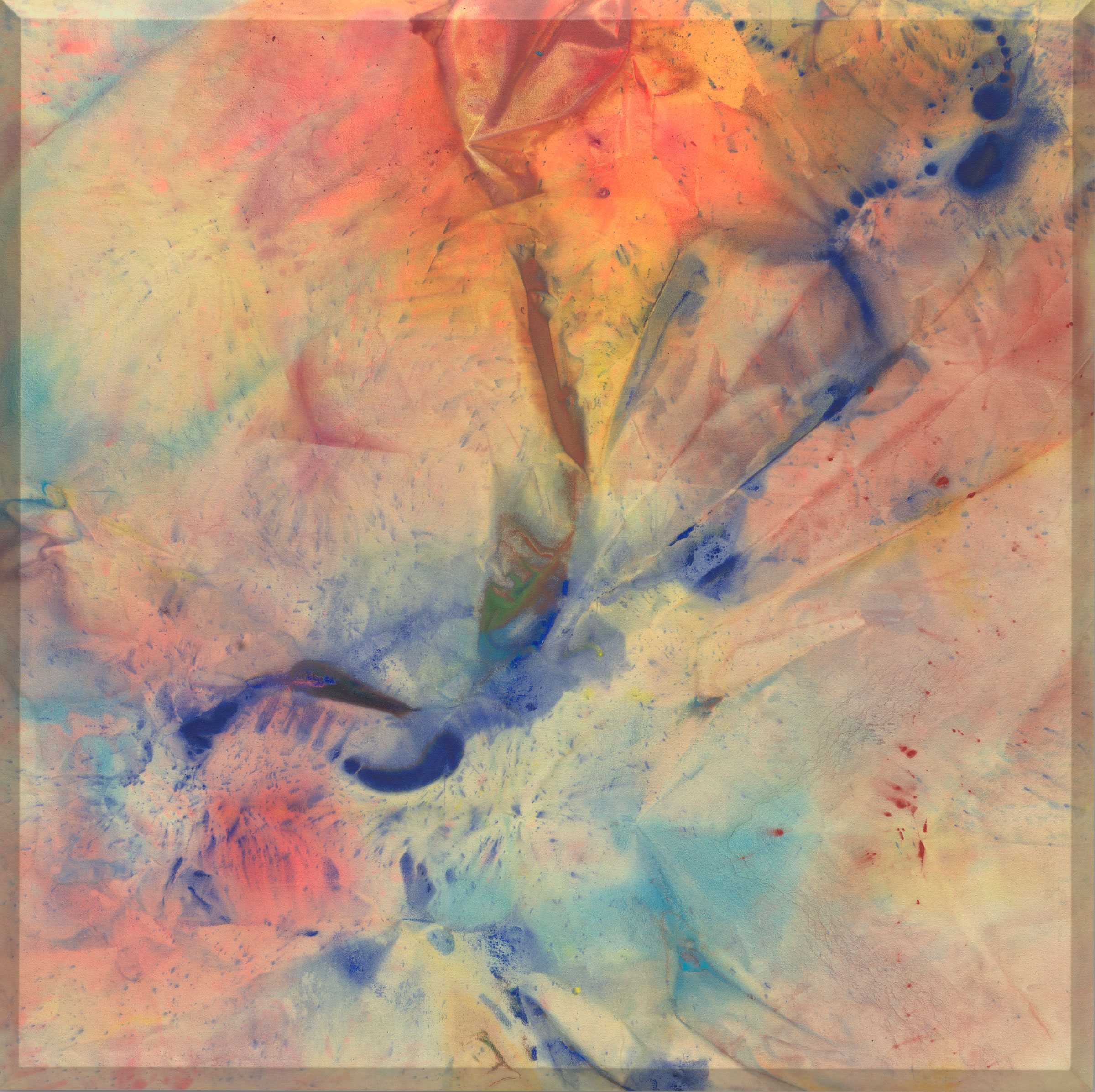 Abstract painting with swirling patterns of red, blue, and yellow, creating a dynamic and vibrant visual effect.