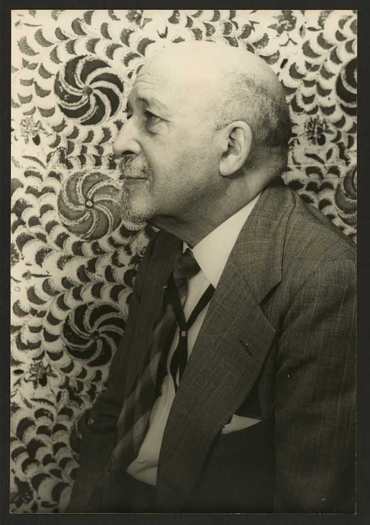 Black and white photographic portrait of older, African American male seated in profile.  The half-length portrait shows him before a vivid floral backdrop.