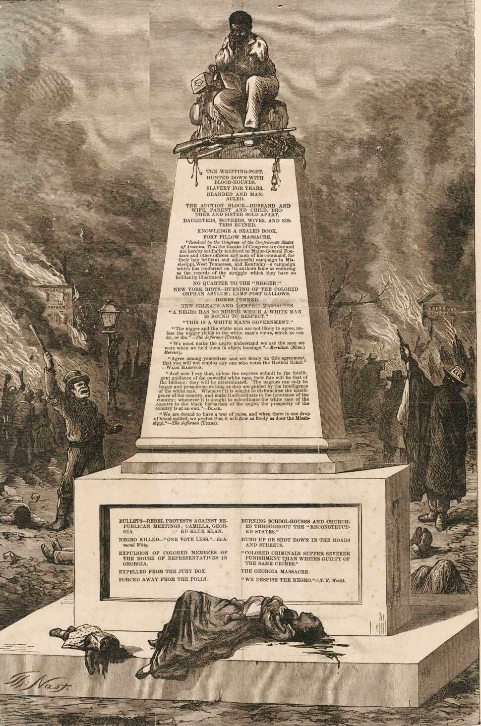 A rare broadside supplement to the Cincinnati Gazette, "Patience on a Monument," shows a freed slave sitting atop a monument that lists evils perpetrated against blacks. A dead woman and children lie at the bottom of the monument, while violence and fires rage in the background.