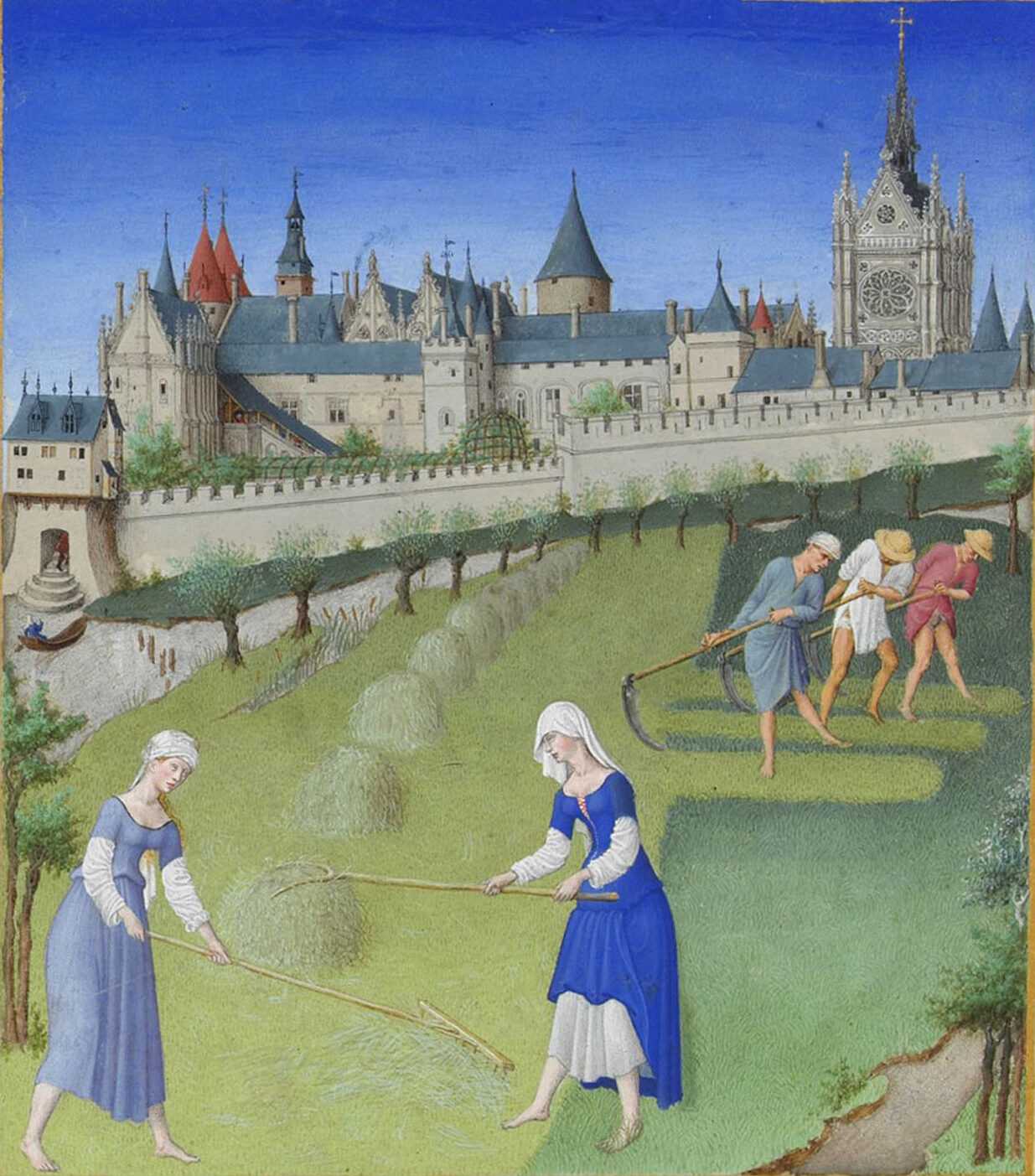 A painting of group of Europeans tending to green farmland and a castle in the background.