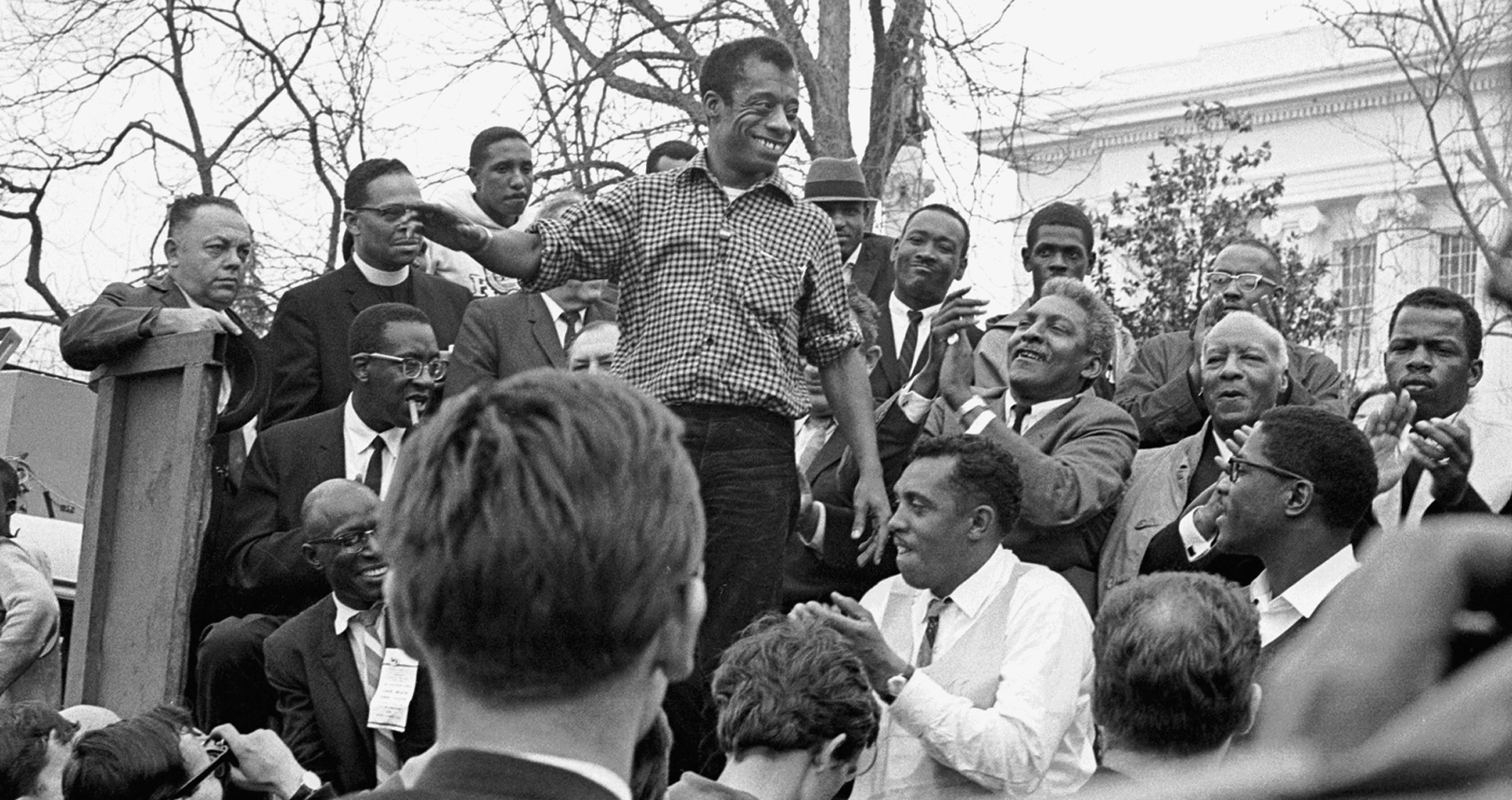Photograph of James Baldwin speaking at the conclusion of the voting rights march from Selma to Montgomery, Alabama