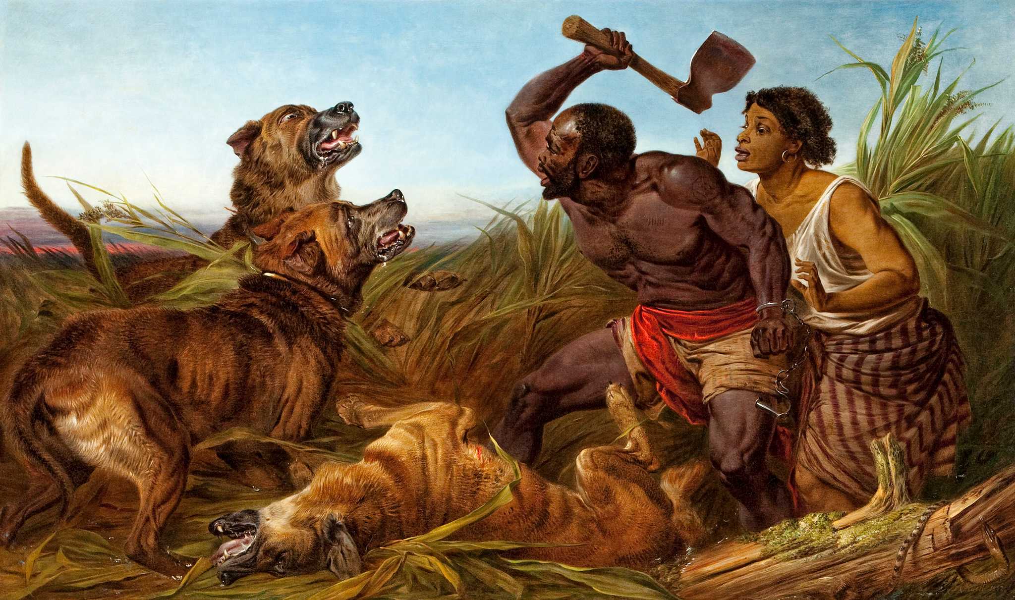 This oil painting depicts a fugitive enslaved man and woman beset by three mastiff dogs in a marshy landscape. On the right side of the painting are two human figures who face left across the painting to the dogs.The man stands in a half-crouch between the dogs and the woman, wielding a hatchet in his upraised right hand. Dangling from his clenched left wrist is a pair of manacles, with one cuff broken open. He wears a pair of faintly patterned brown trousers to mid-thigh, and has a red sash around his waist. His body has numerous scars and a round brand or tattoo on his left shoulder. The woman is half-crouched behind him knees bent, both arms raised to shoulder height, palms faced outward as she peers over the man's shoulder. She wears a sleeveless, loosely draped soiled white top, and a brown striped skirt tucked above her knees. Her hair is drawn back and she has small hoop earrings. The dogs are on the left side of the painting, with one of the dogs lying wounded between the two groups of figures. The scene takes place in an area of trampled tall grass with grey water in the background and a livid red horizon. In the bottom right corner there is a striped snake twining up a mossy dead log.