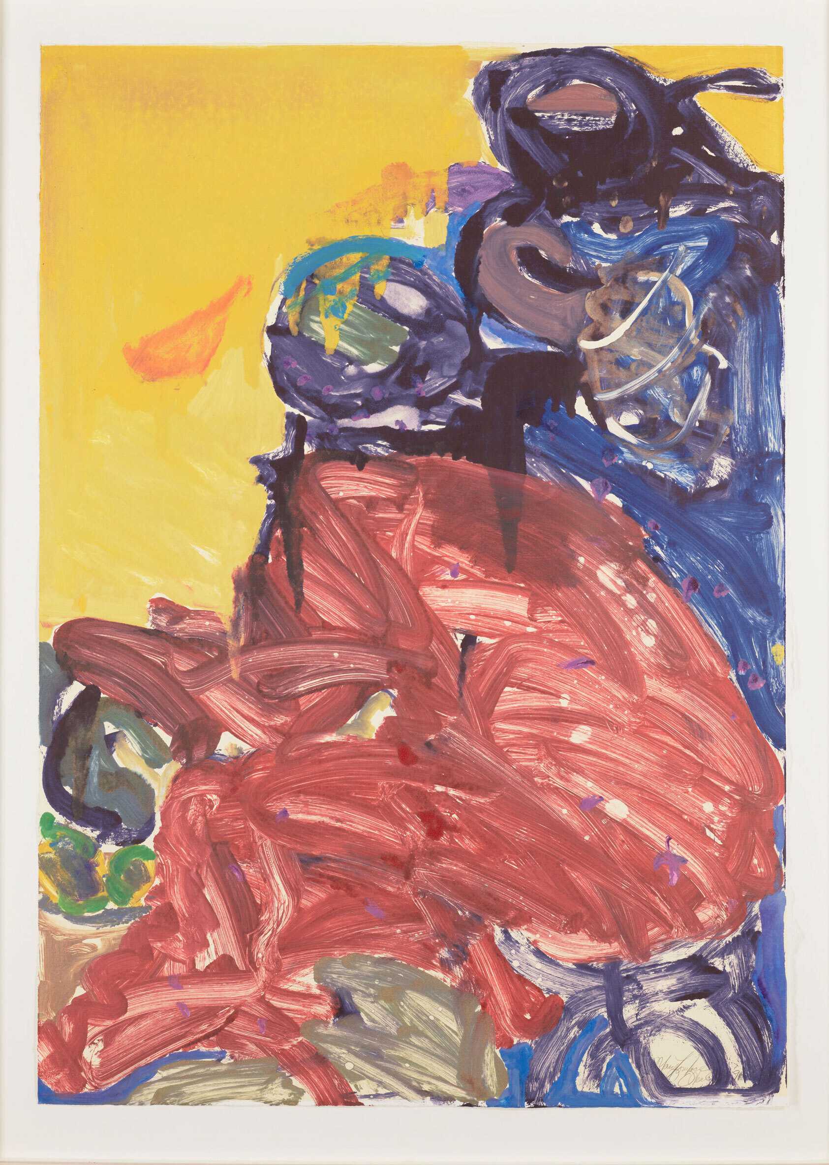 Abstract painting with bold, swirling brushstrokes in red, blue, and purple against a bright yellow background.