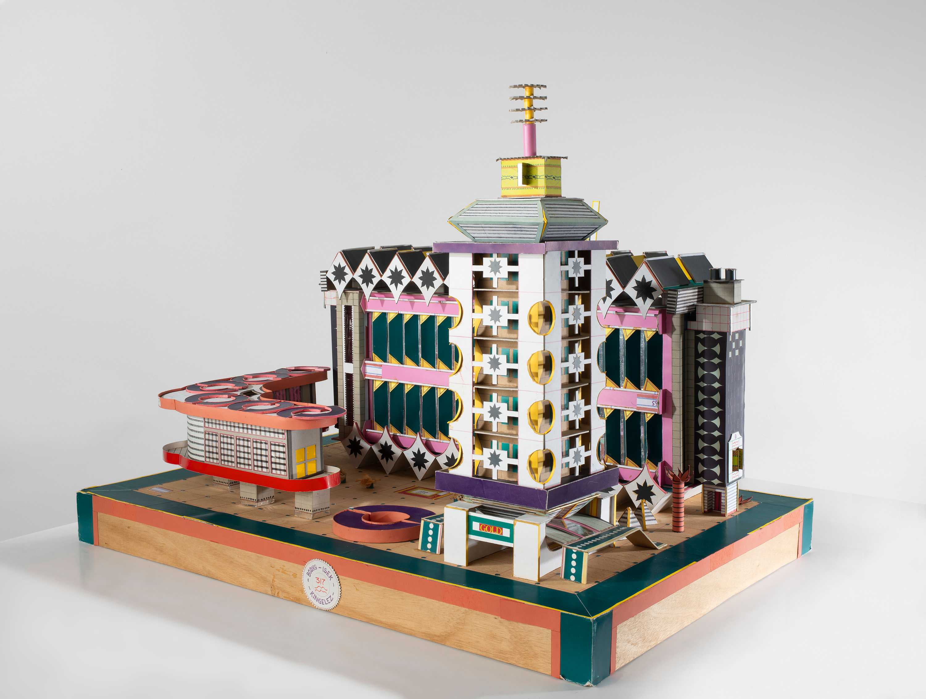 An colorful architectural model of a modern building by Bodys Isek Kingelez.