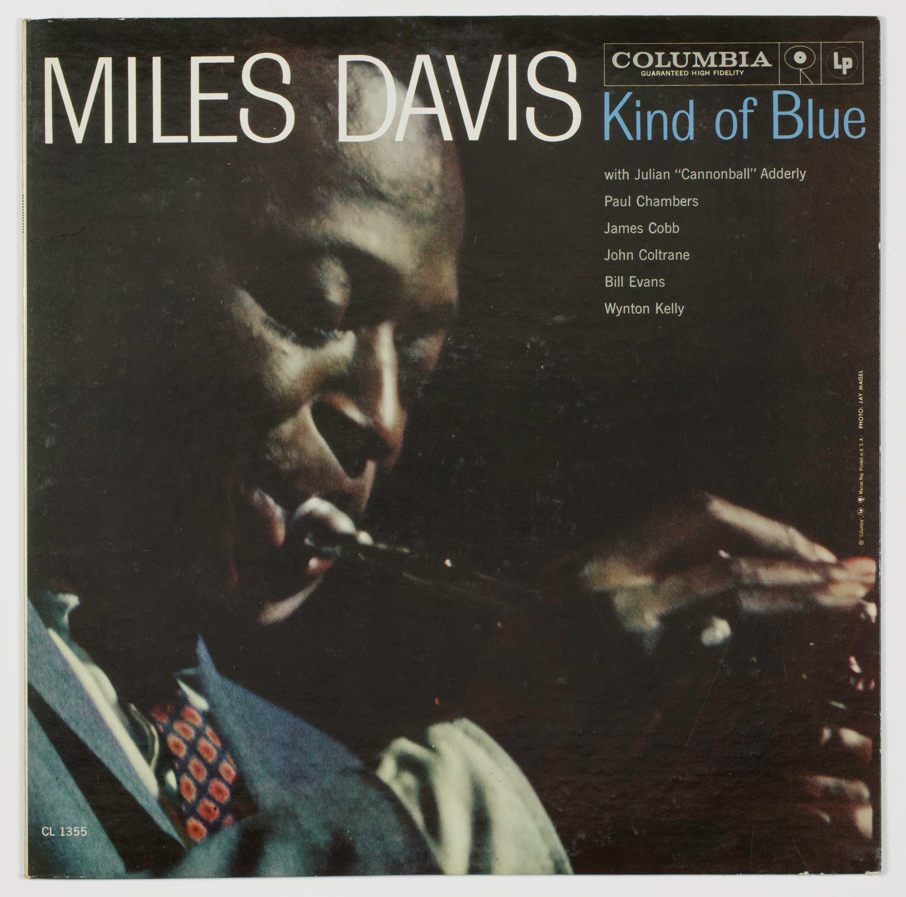The cover of an LP recording of the album "Kind of Blue" by Miles Davis. The cover features Davis playing his trumpet.