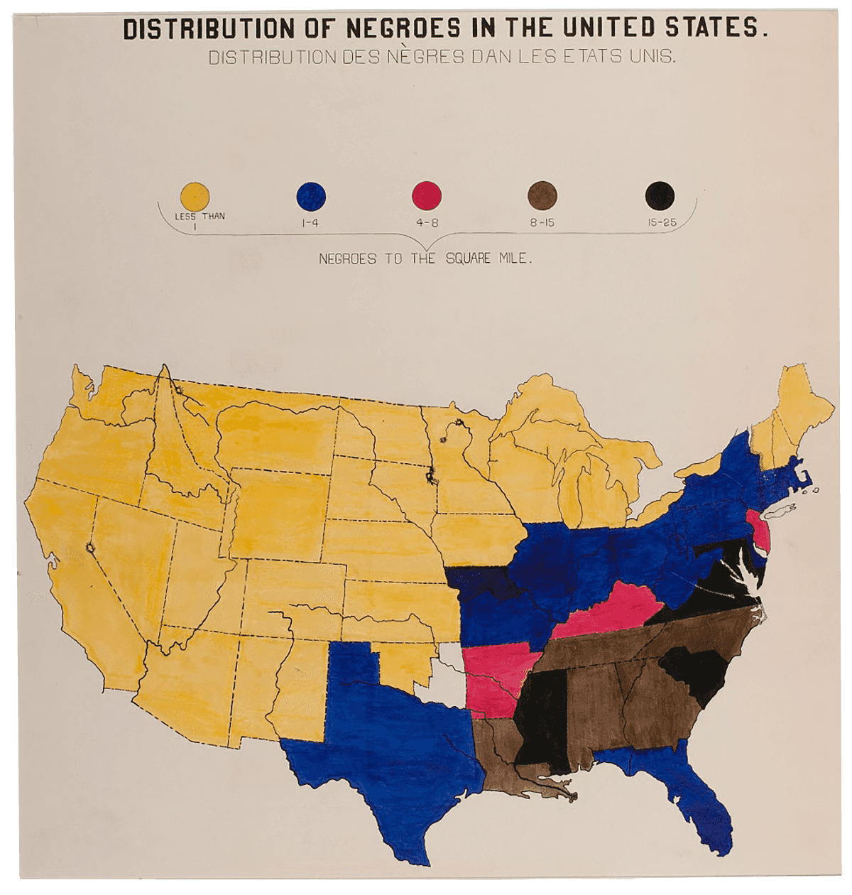 A hand drawn, color coded map of the United States showing the distribution of  African American Population in the United States.  The map is color coded in yellow (less than 1), blue (1-4), red (4-8), brown (8-15) and black (15-25) African American persons per square mile.