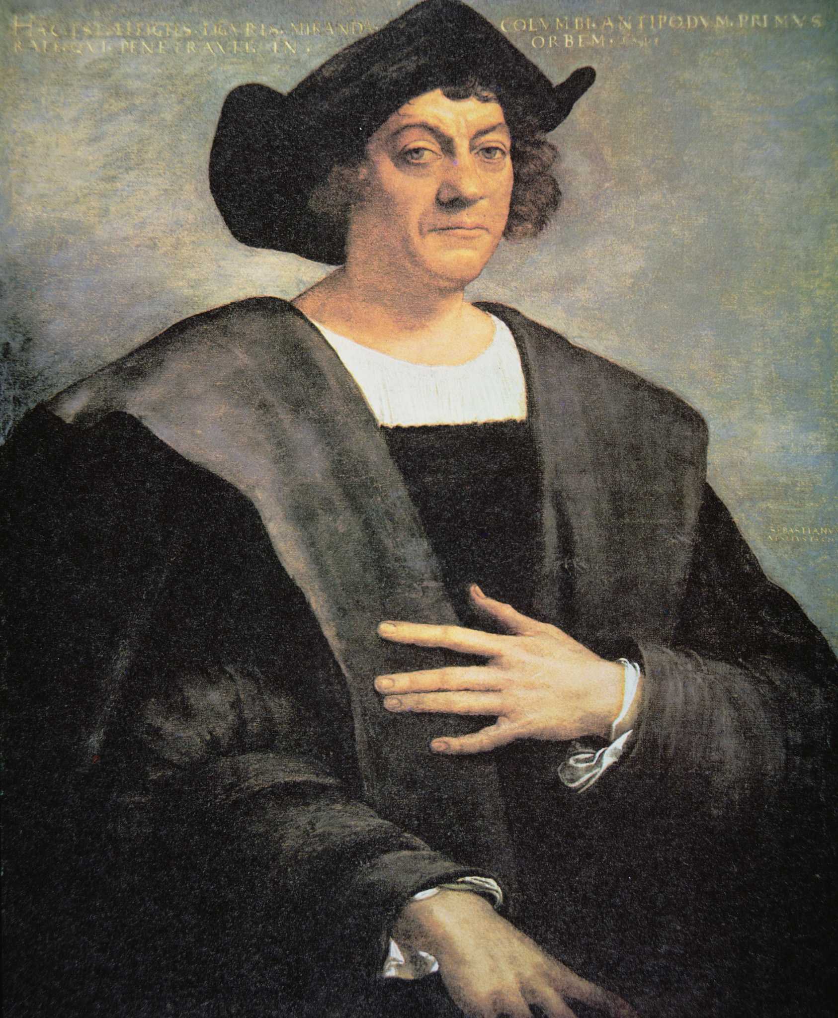 A painted portrait of Christopher Columbus who is dressed in all black. Against a grey sky, he stands with a hand pressed against his chest.