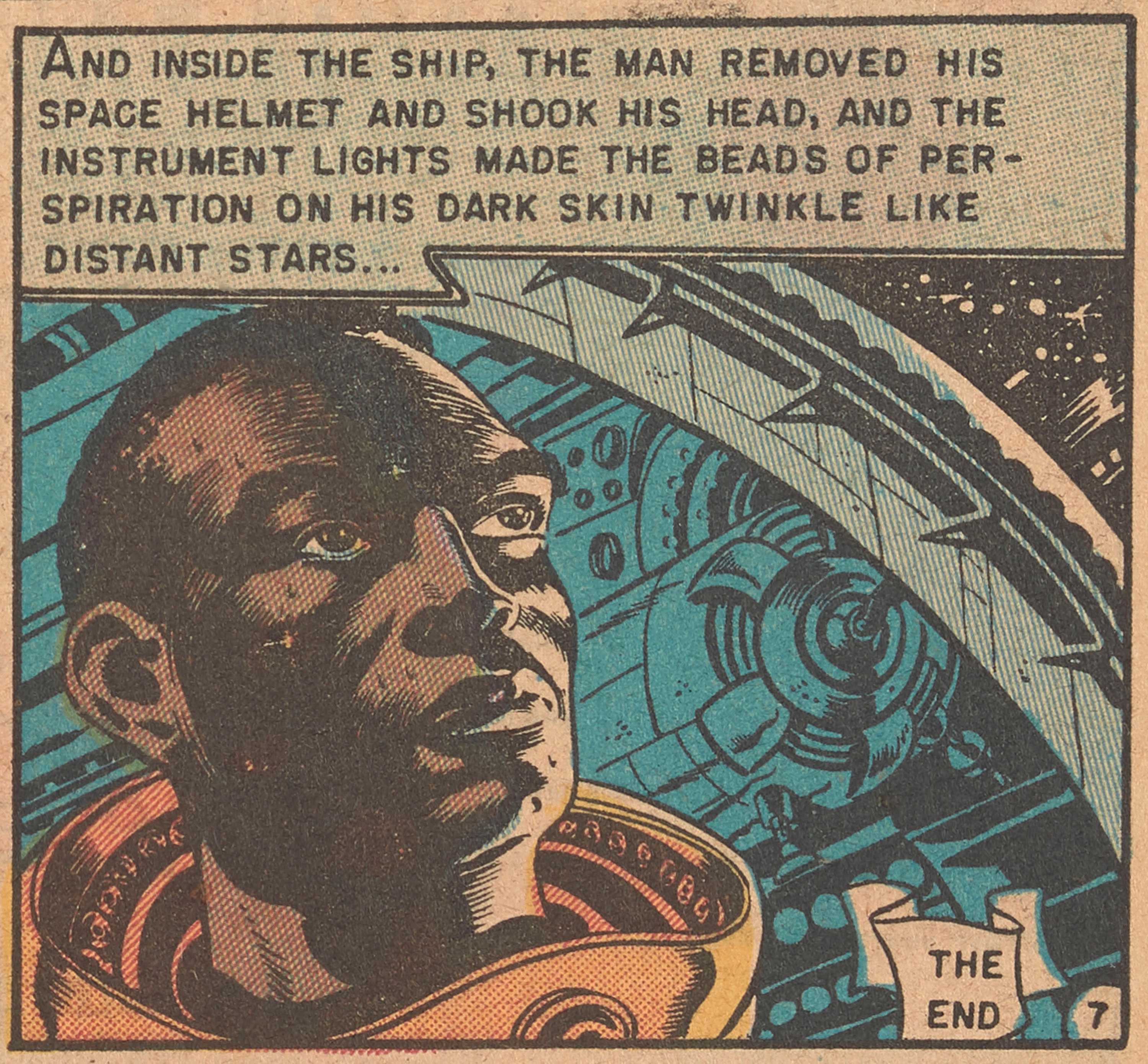 A panel of comic with a black astronaut staring into space from the space shift. Comic text is on the top of the panel.
