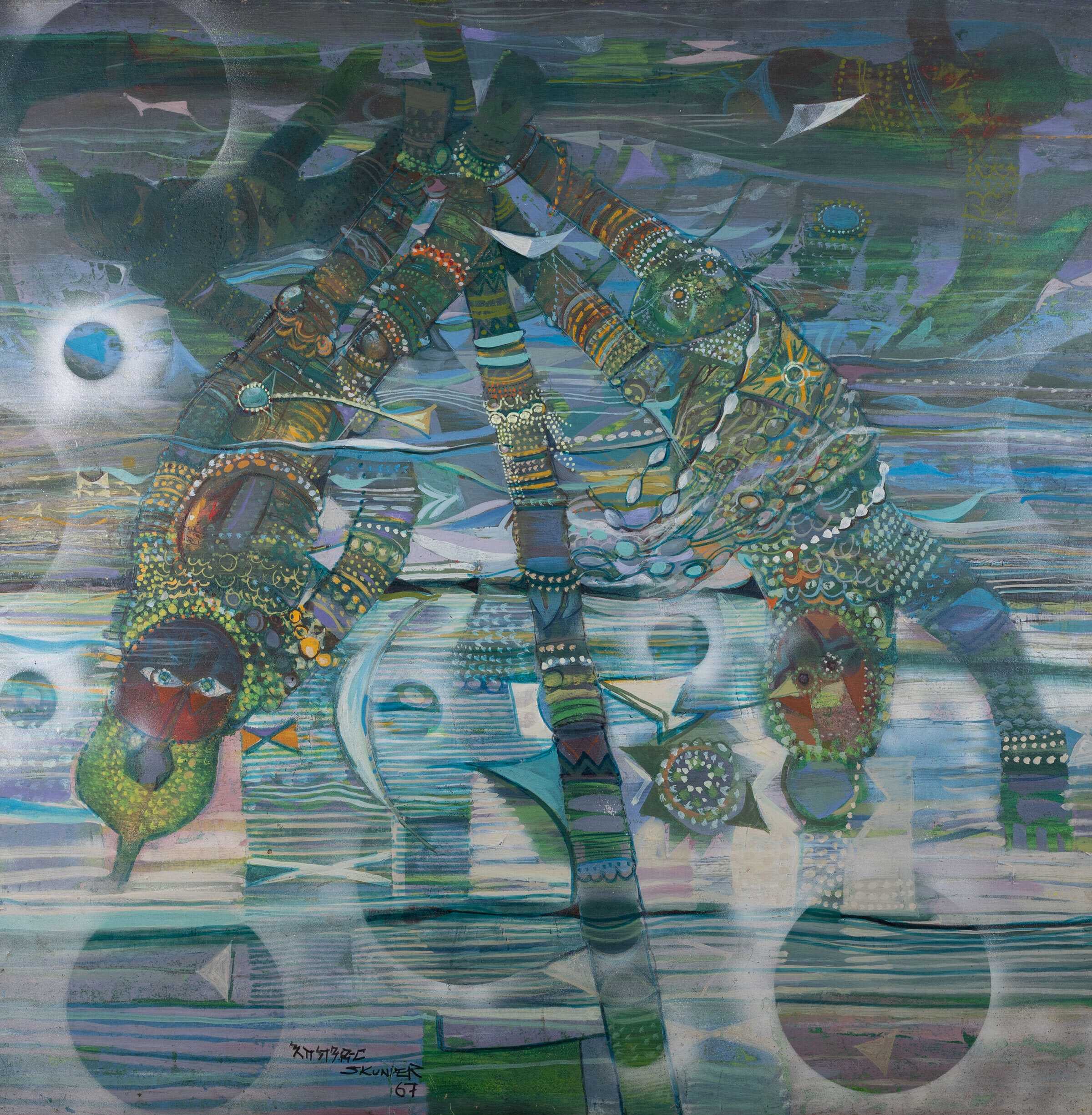 Abstract painting depicting 3 bodies hanging upside down from a pole.