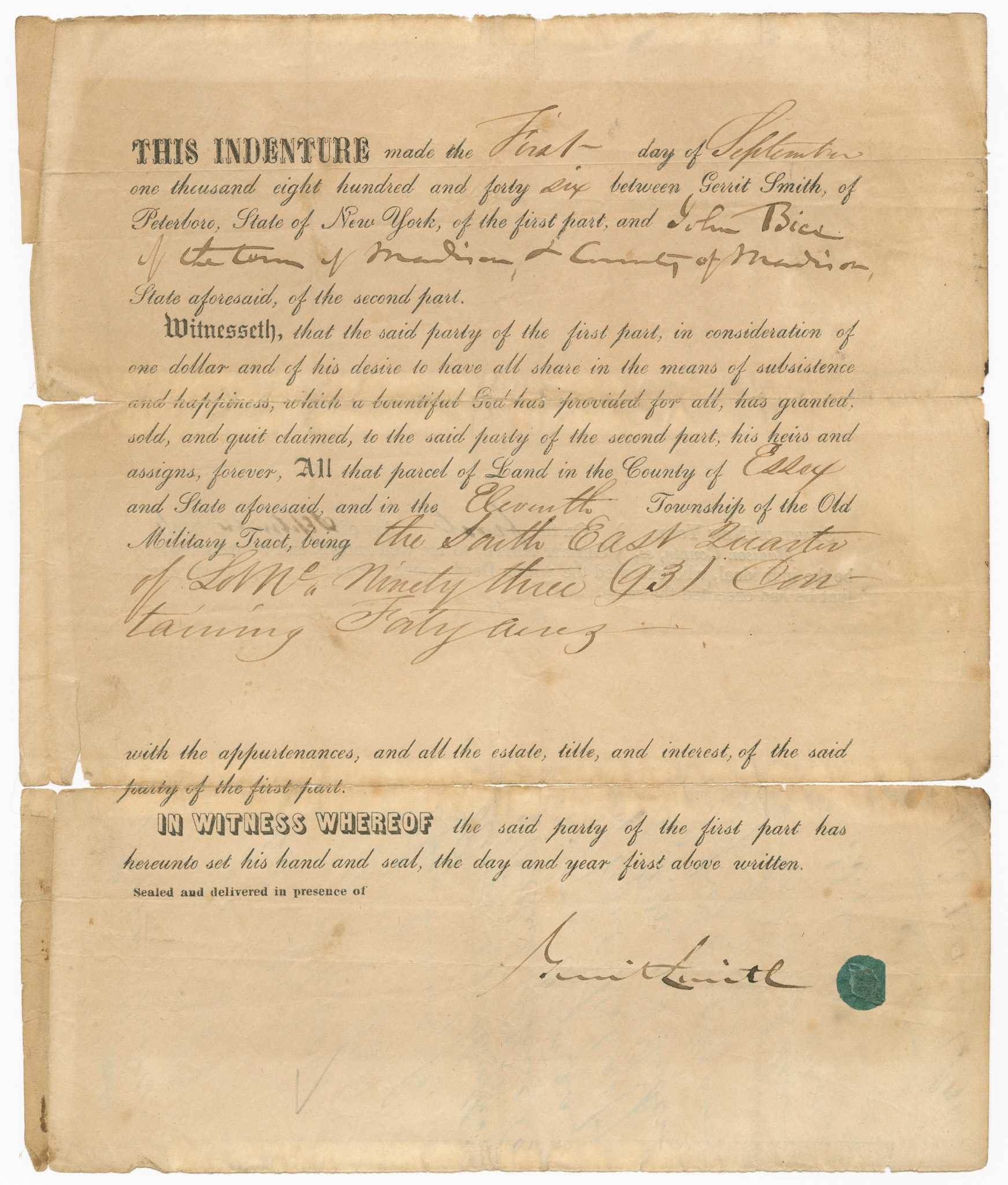 Image of handwritten Land Indenture document