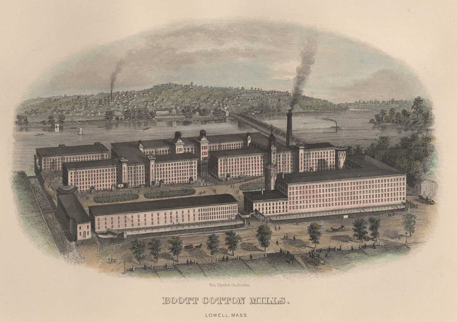 Illustration of a cotton mill in Lowell, Massachusetts