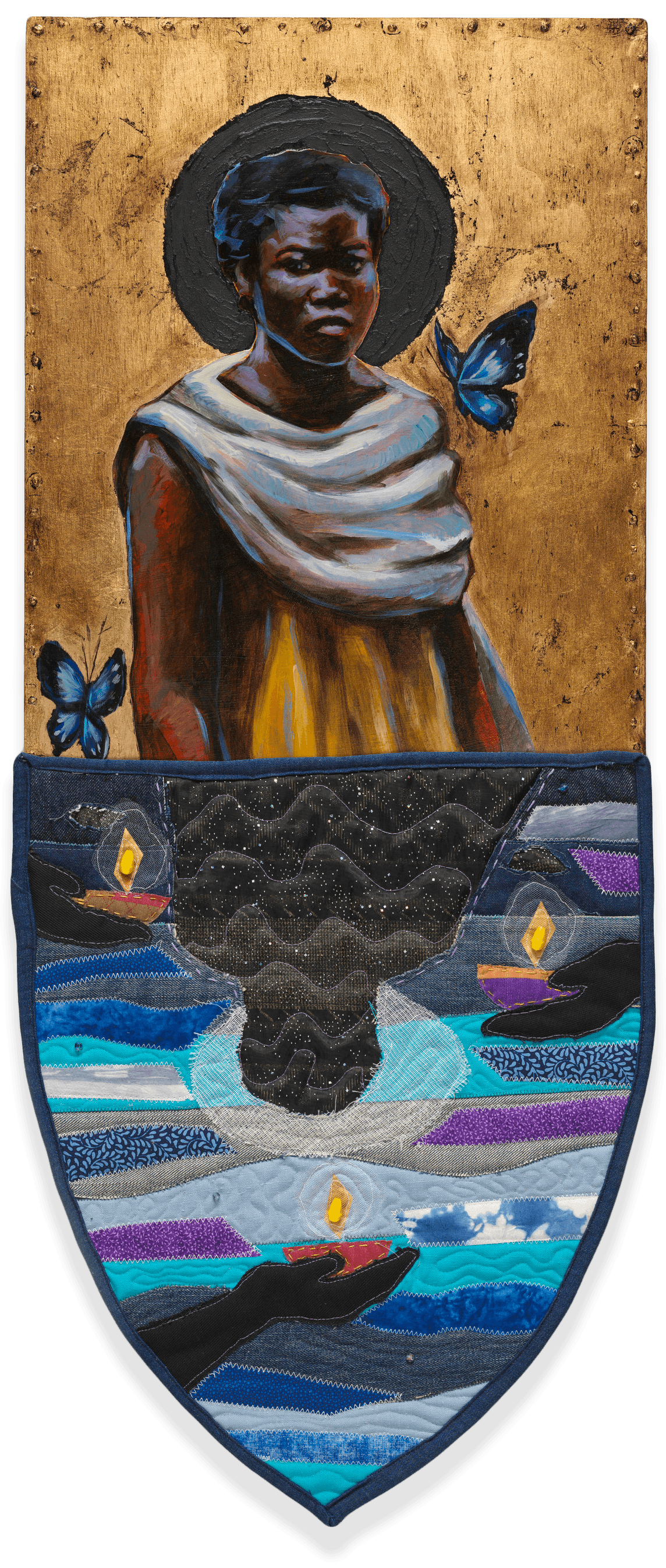 A mixed media piece of art by Stephen Towns that has a painting of a black woman and her standow reflected in the water.