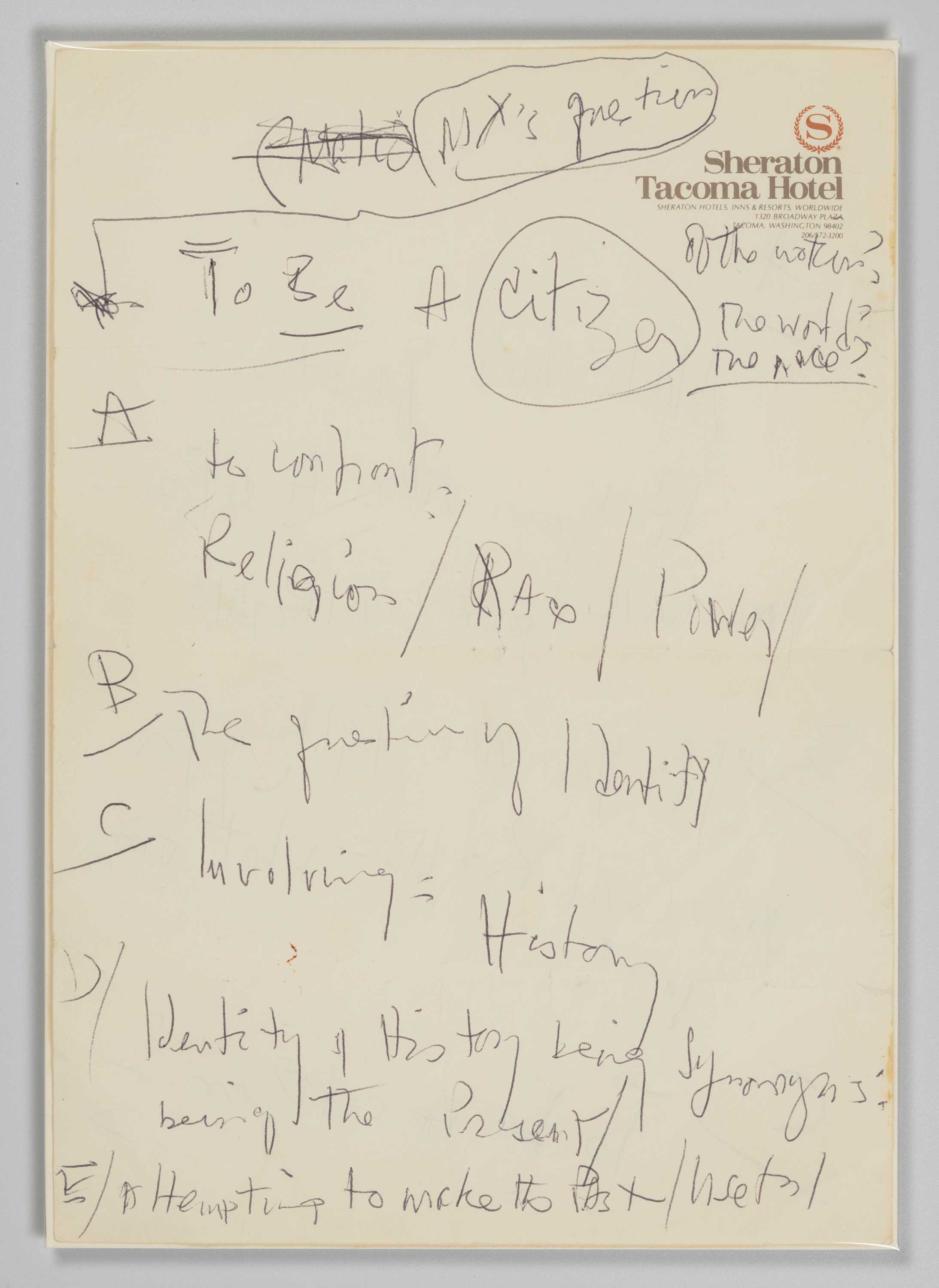Image of handwritten notes by James Baldwin written in black in on aged Sheraton Tacoma Hotel letterhead.