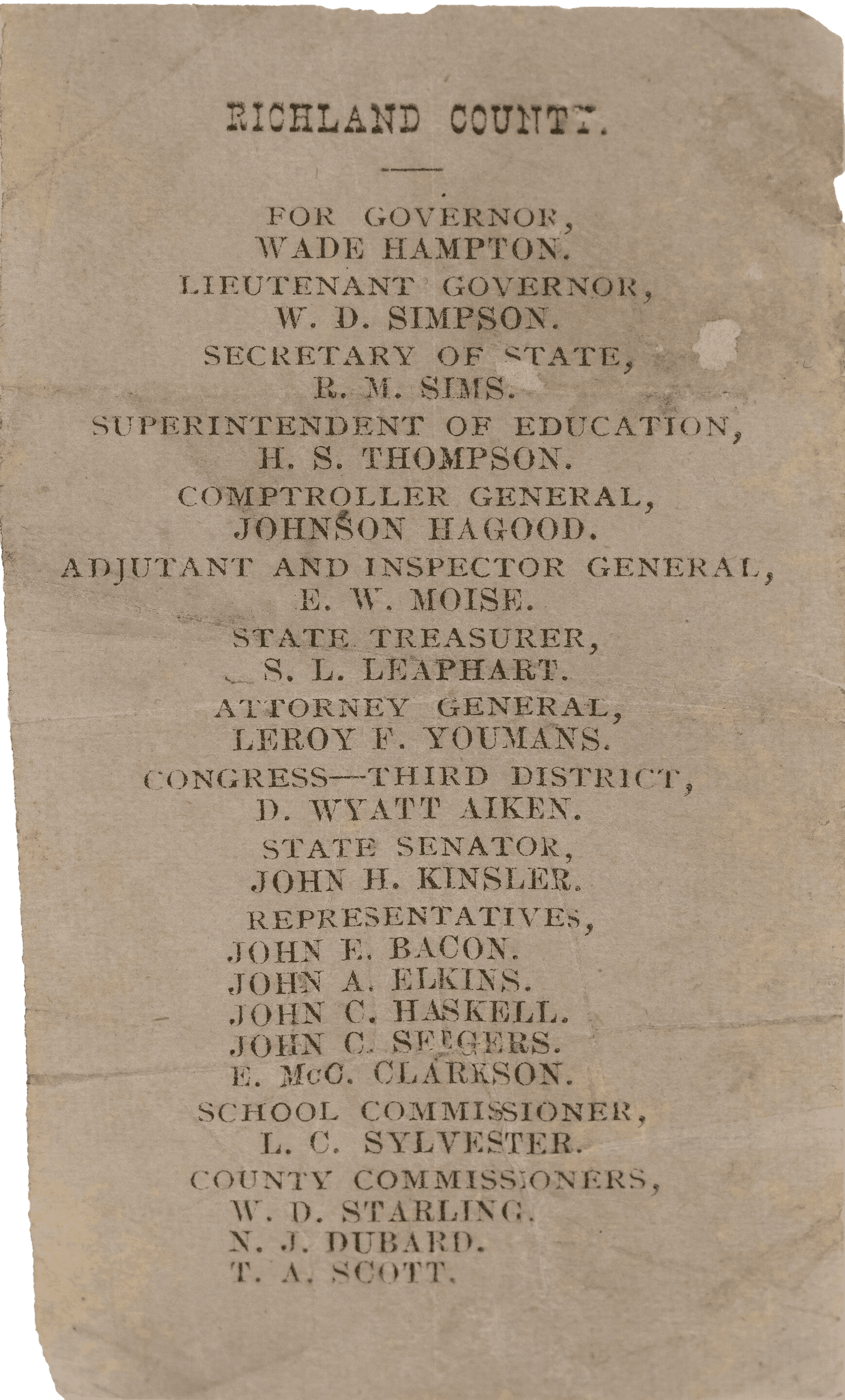 Paper ballot showing slate of candidates for "Richland County" (North Carolina)