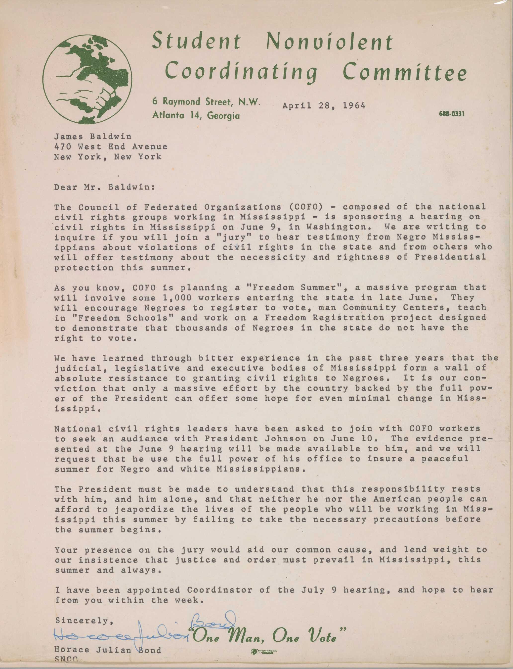 An April 28, 1964 letter to James Baldwin from the Student Nonviolent Coordinating Committee's communications director, Julian Bond, inviting Baldwin to hear testimony from "Negro Mississippians about violations of civil rights..." in Washington D.C.