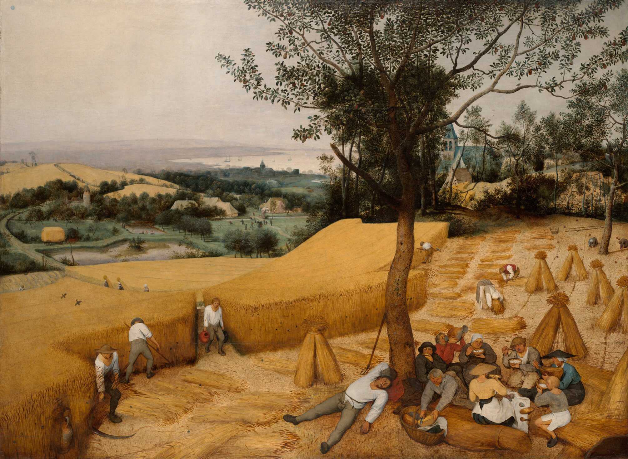 A painting of peasants working in a wheat field in the Netherlands. Some are resting under a tree.