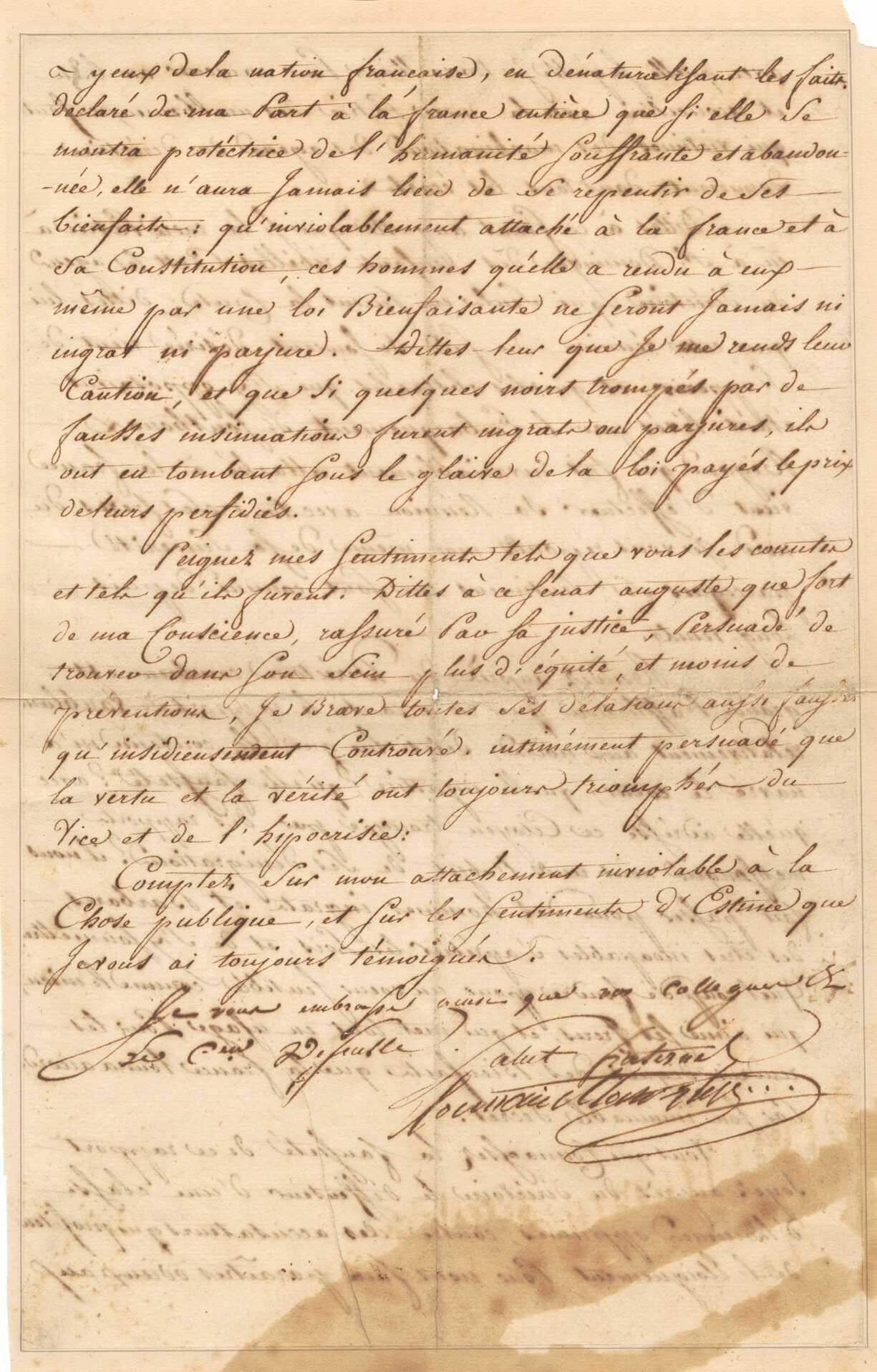 A letter signed by Toussaint Louverture to Charles Humbert Marie Vincent from Cap-Français (now Cap-Haïtien), Haiti, on October 21, 1797. The text itself was recorded by a scribe as Louverture's written French was limited, though the content comprises his own thoughts. At the top of the first page is pre-printed letterhead for Toussaint Louverture, Chief General of the Army of Saint-Domingue. The letter is handwritten in black ink on the front and back sides of two (2) sheets of paper. The contents of the letter are in regards to ongoing conflicts in the French colony of Saint Domingue, later the free nation of Haiti, and military leader Louverture's dissatisfaction with a speech given in the French parliament earlier in 1797 in which Viénot de Vaublanc spoke against abolition and people of African descent as uncivilized.