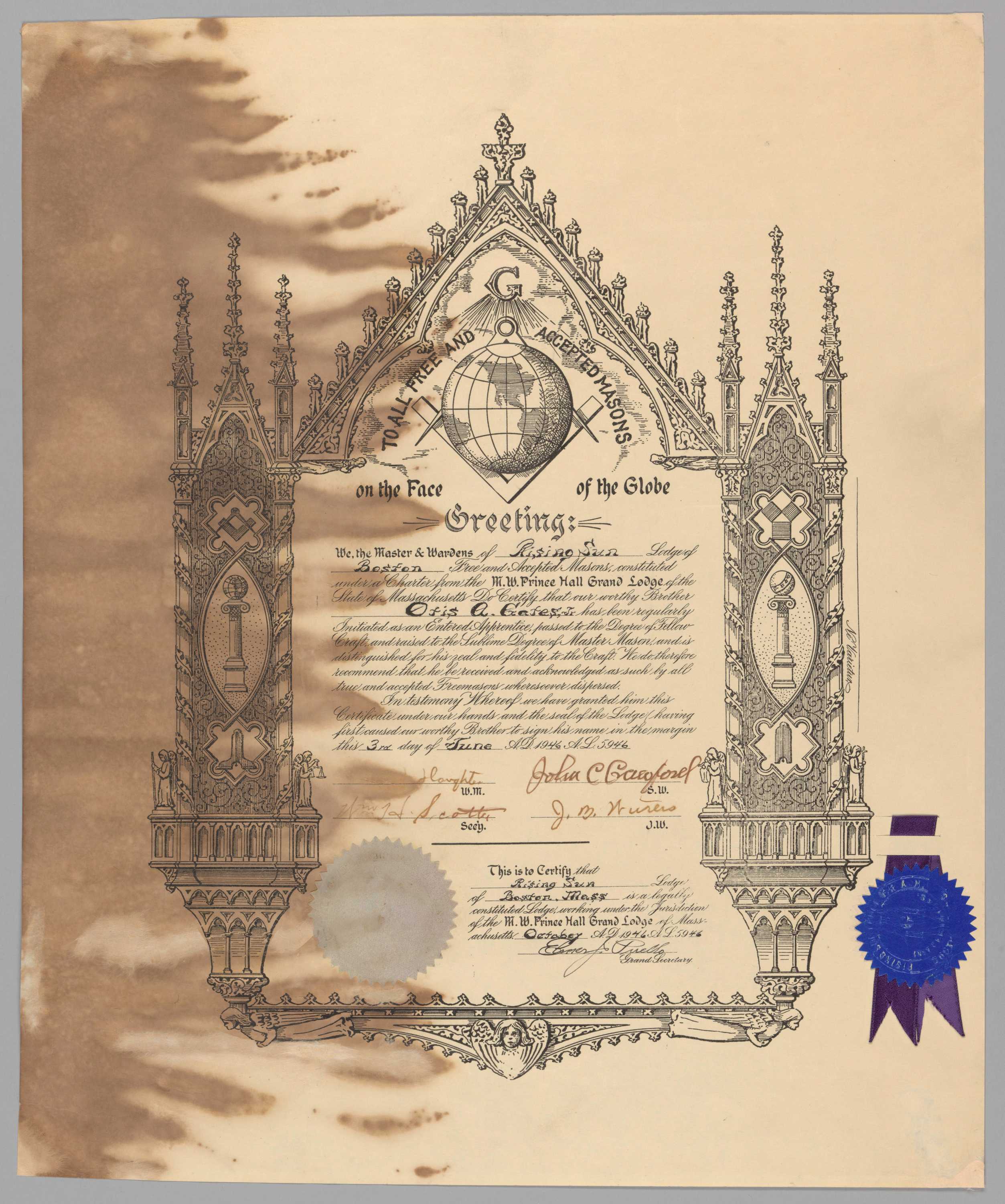 A certificate of initiation for Otis A. Gates Jr. into the Rising Sun Masonic Lodge a part of the Most (M.) Worshipful (W.) Prince Hall Grand Lodge of Massachusetts.