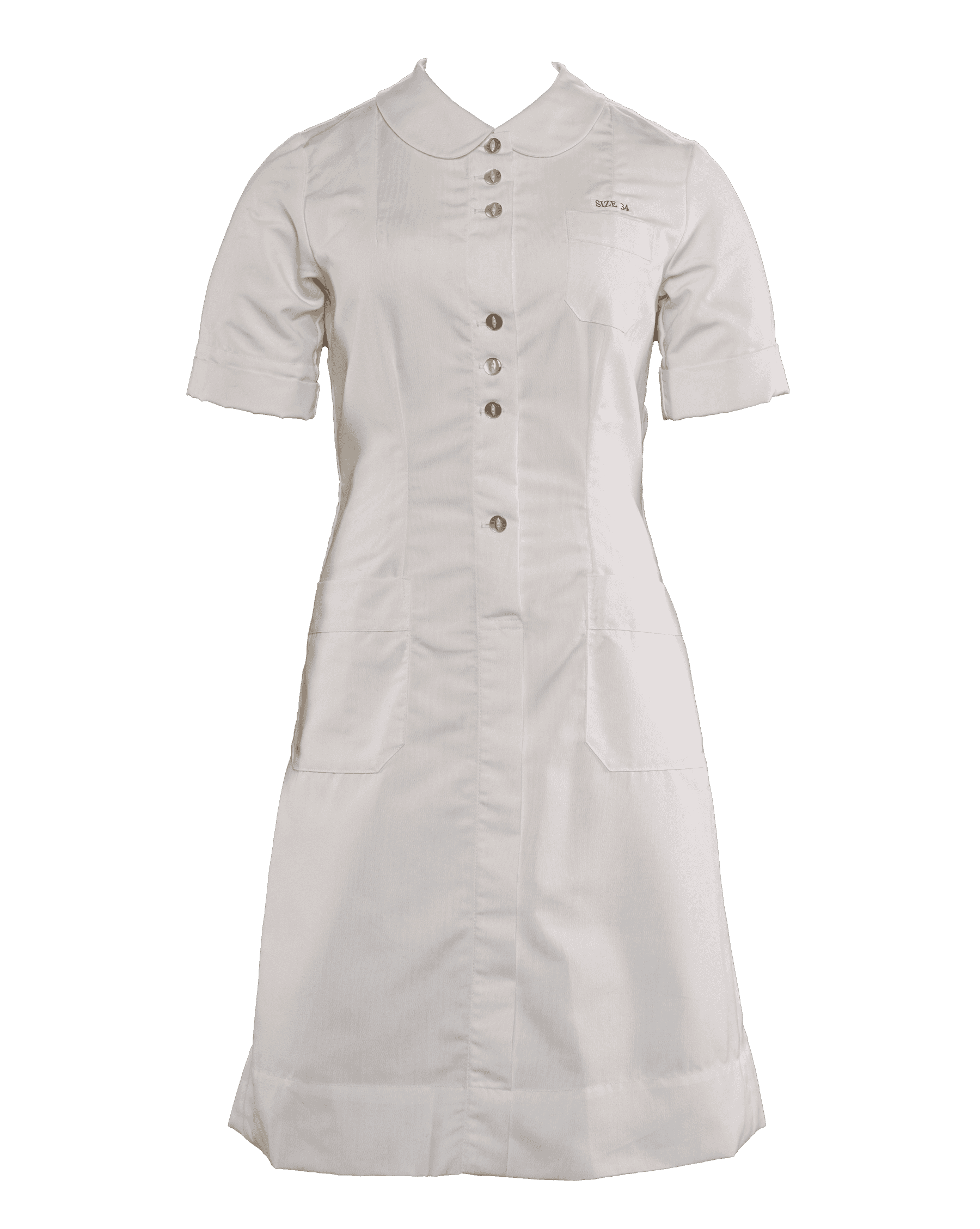 A buttoned white nursing uniform displaying size 34 on the left side of the chest.
