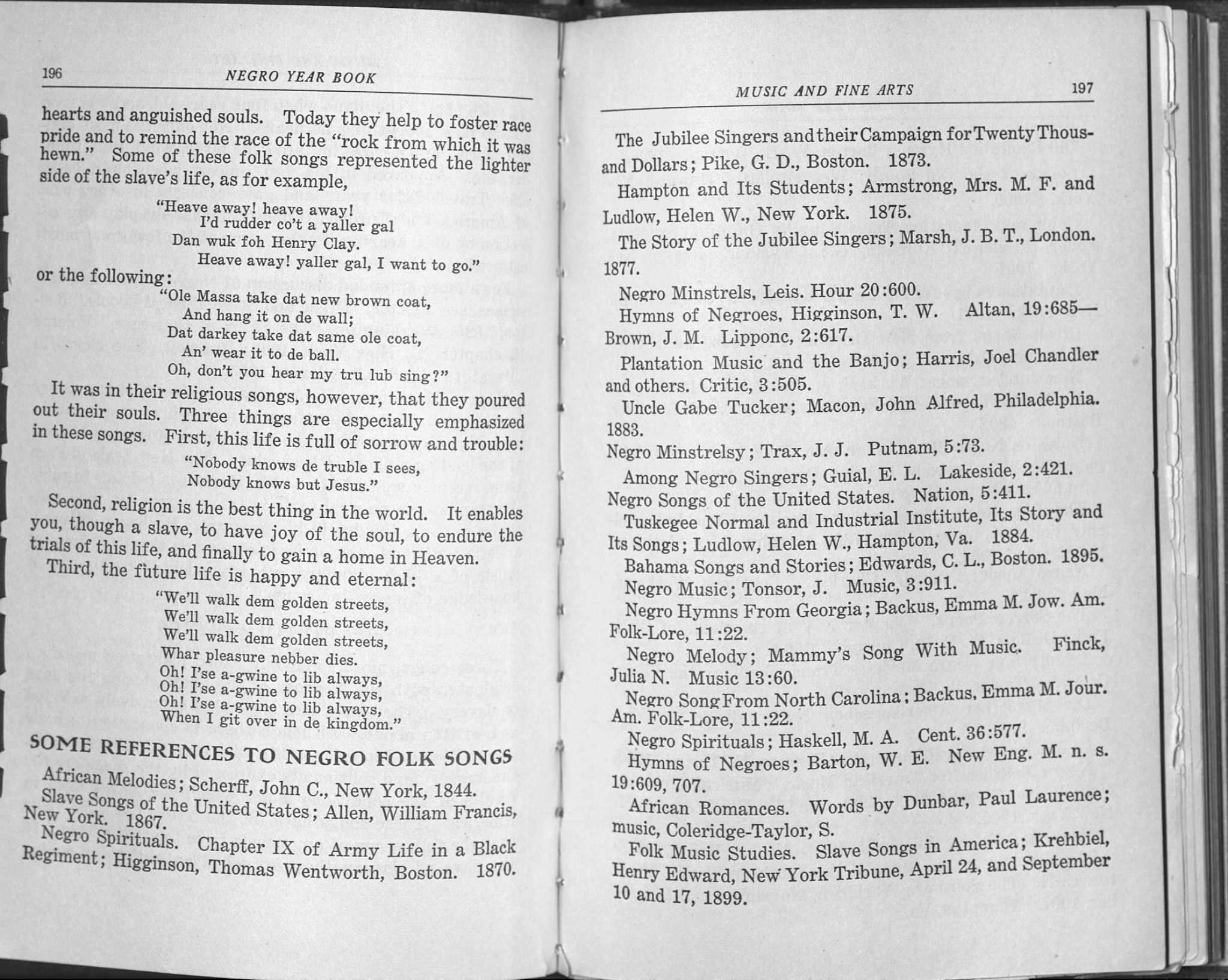 Page 110 and 111 from the "Negro Year Book" displaying a black folk song.