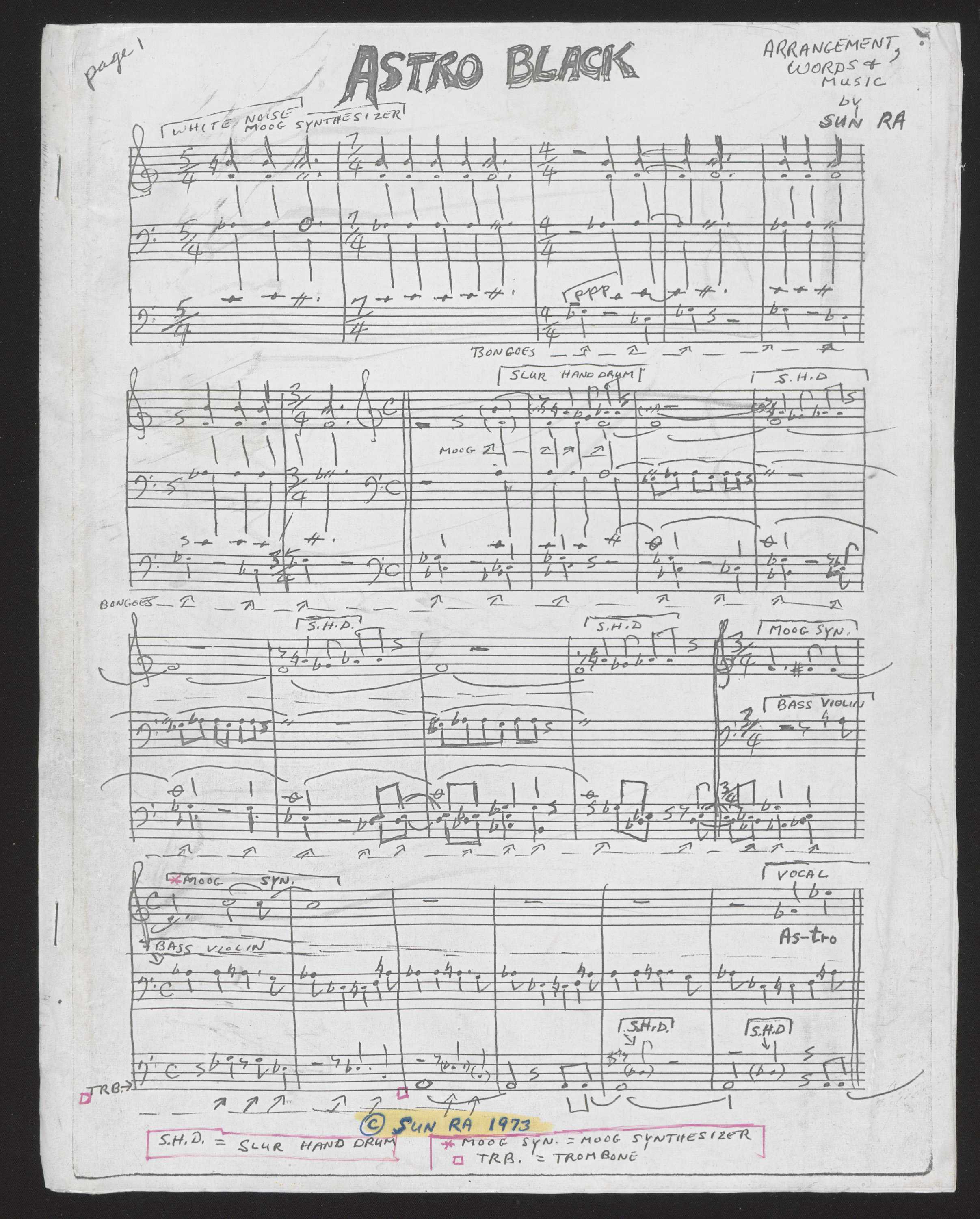 The music sheet for “Astro Black”. Hand drawn, the title of “Astro Black” is written on top of the page.