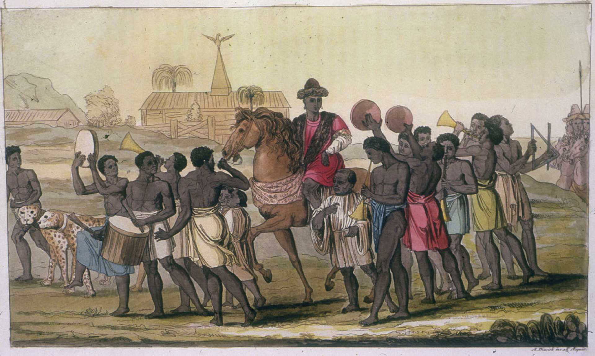 Painting of the King of Benin on horseback with other people crowded around him.