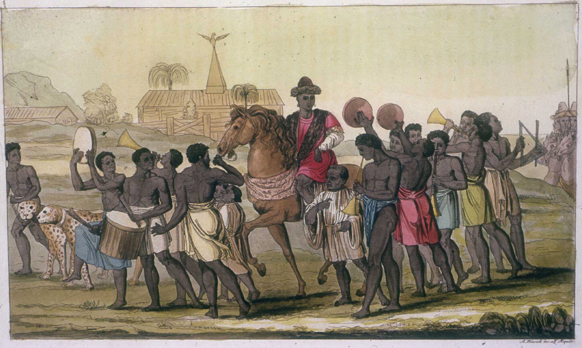 Painting of the King of Benin on horseback with other people crowded around him.
