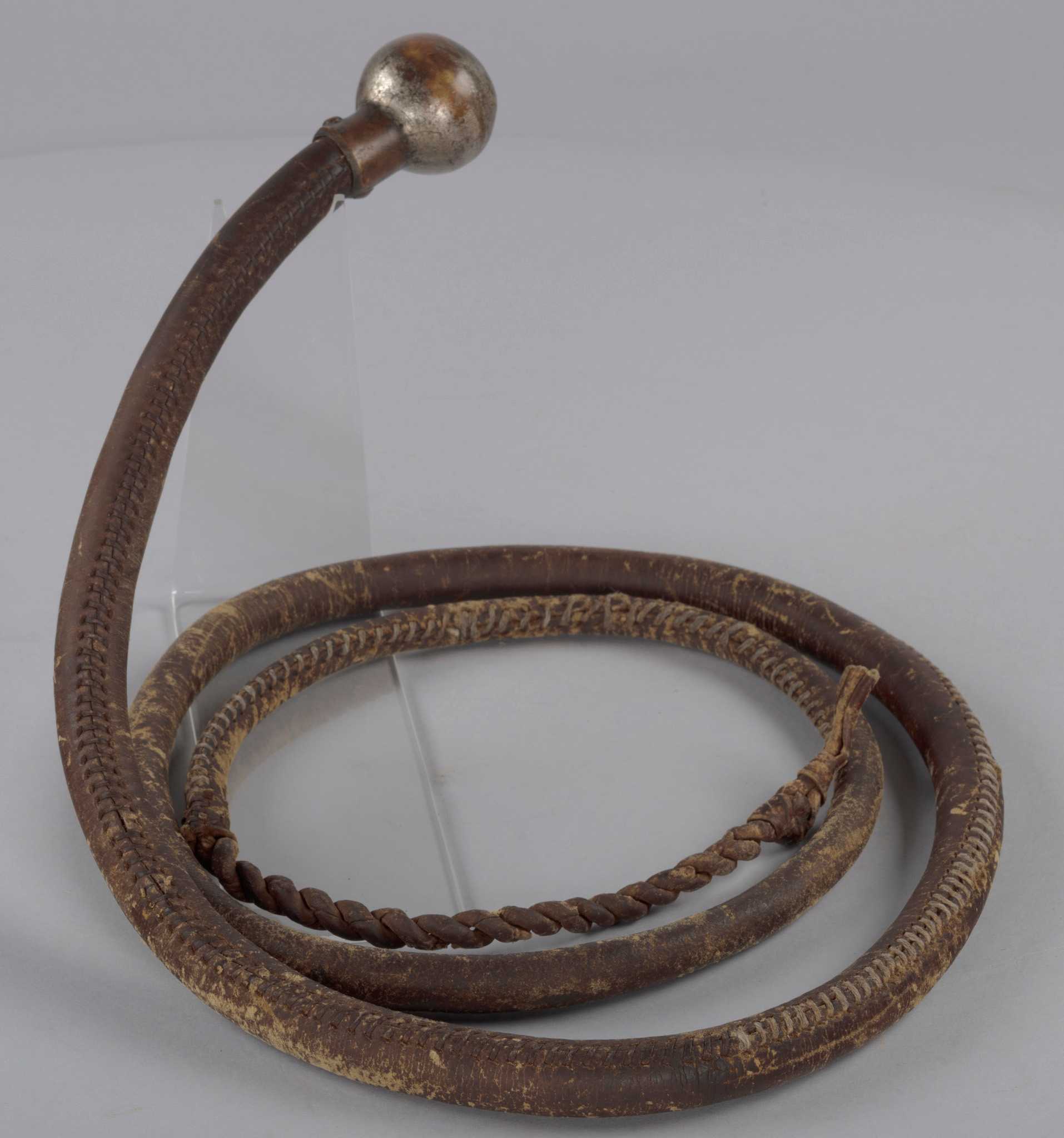 A long, single-tailed snake whip made of coiled leather strands inside a smooth, hand-stitched leather shot bag running three quarters of the length. The fall consists of two tightly twisted strands that terminate in a hard knot. The metal knob handle is attached to the leather by two nails, allowing the whip to be coiled up for easy carrying.