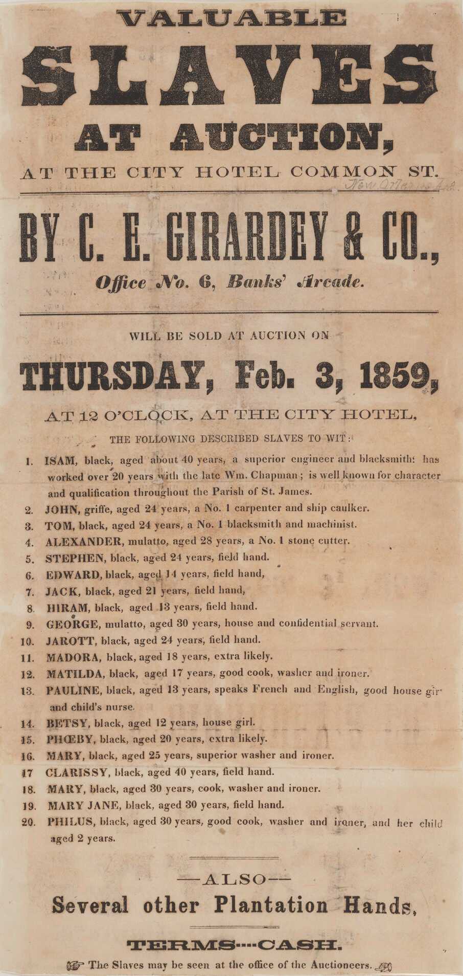 A broadside for the auction of twenty enslaved men, women, and children at the City Hotel in New Orleans, Louisiana.