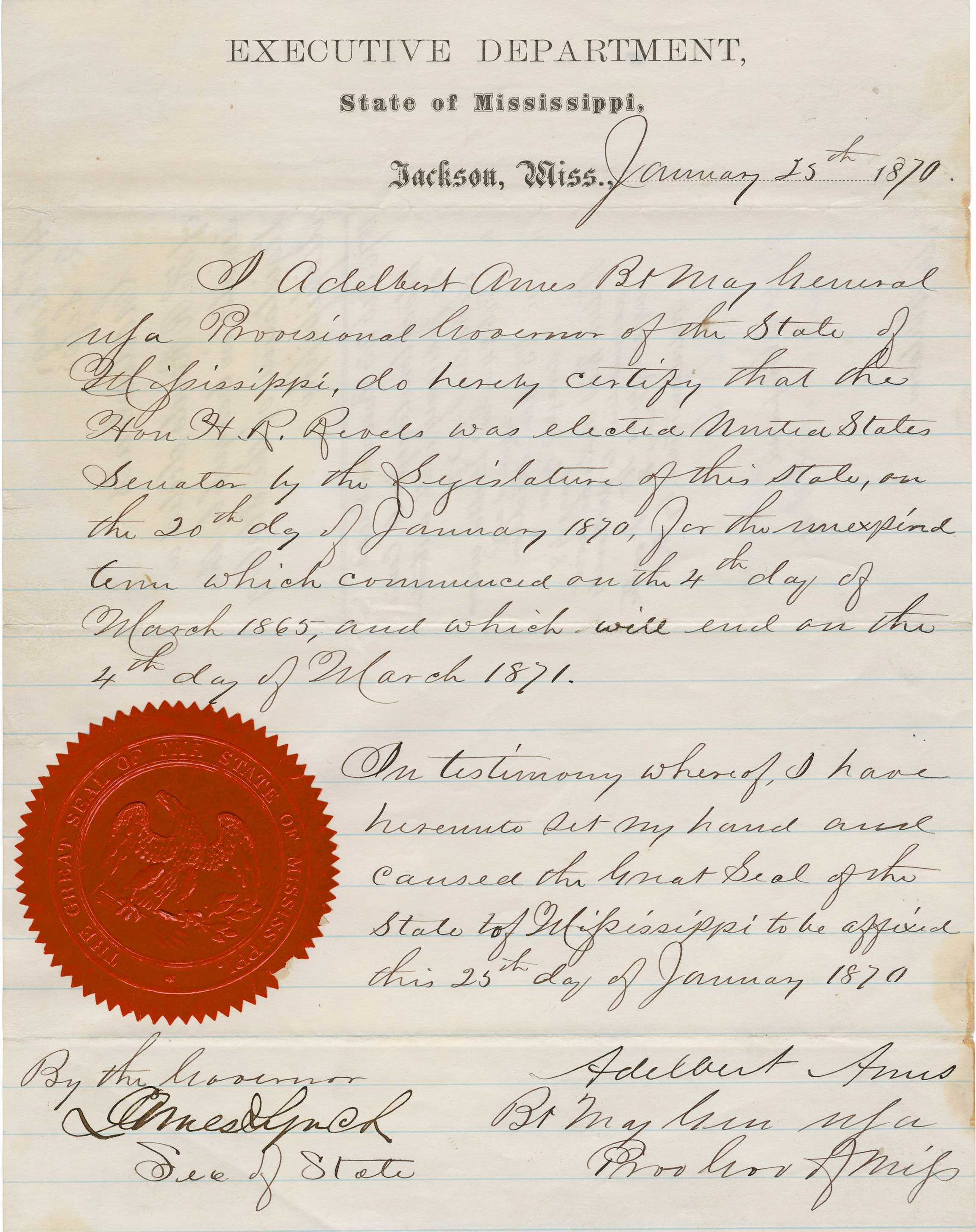 An executive department order from the State of Mississippi. The handwritten order has a large red seal in the left hand corner.