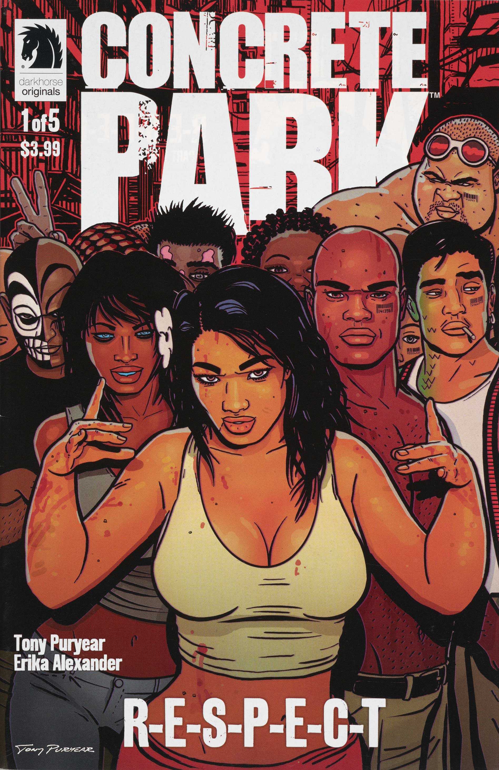 A cover of Concrete Park with one central figure with many people stand behind her. Each have a different look and feel.