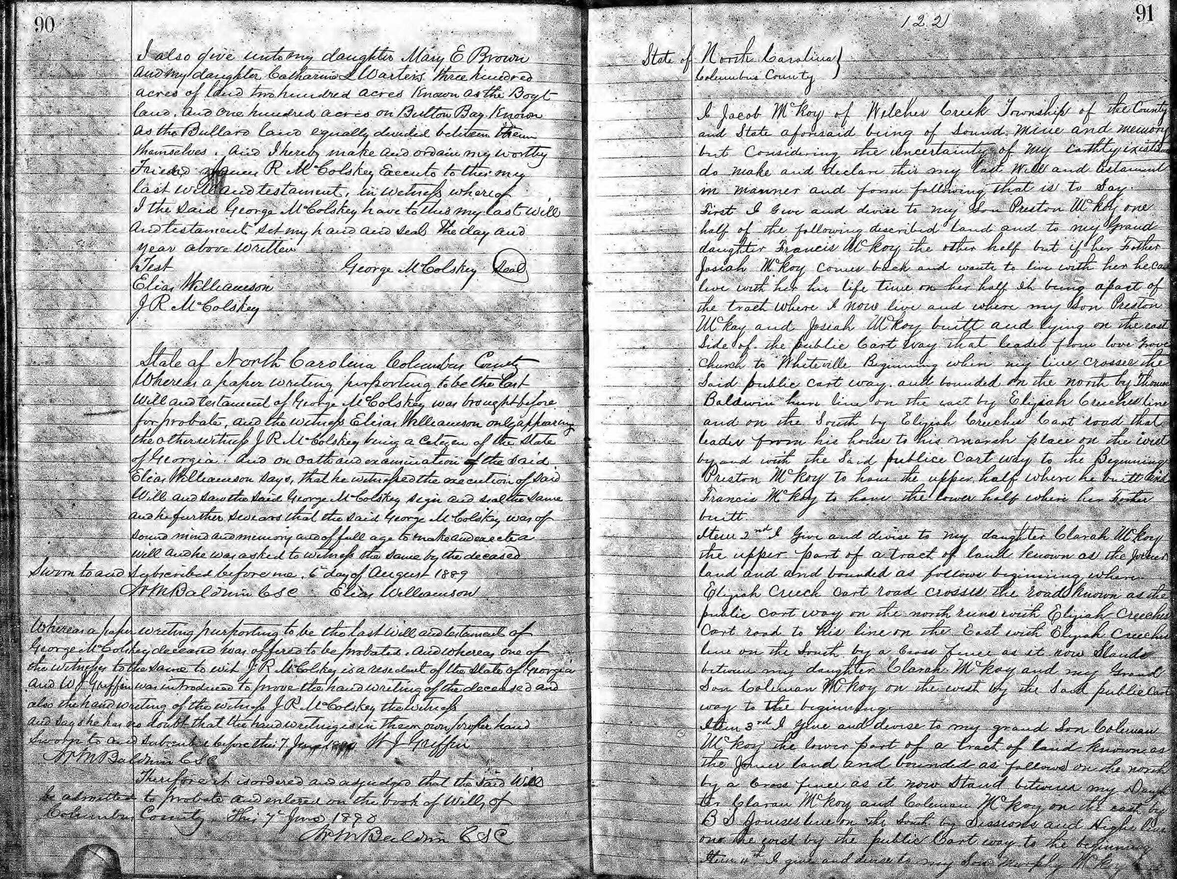 A scanned image of two filled notebook pages from the Last Will and Testament of Jacob McCoy document.