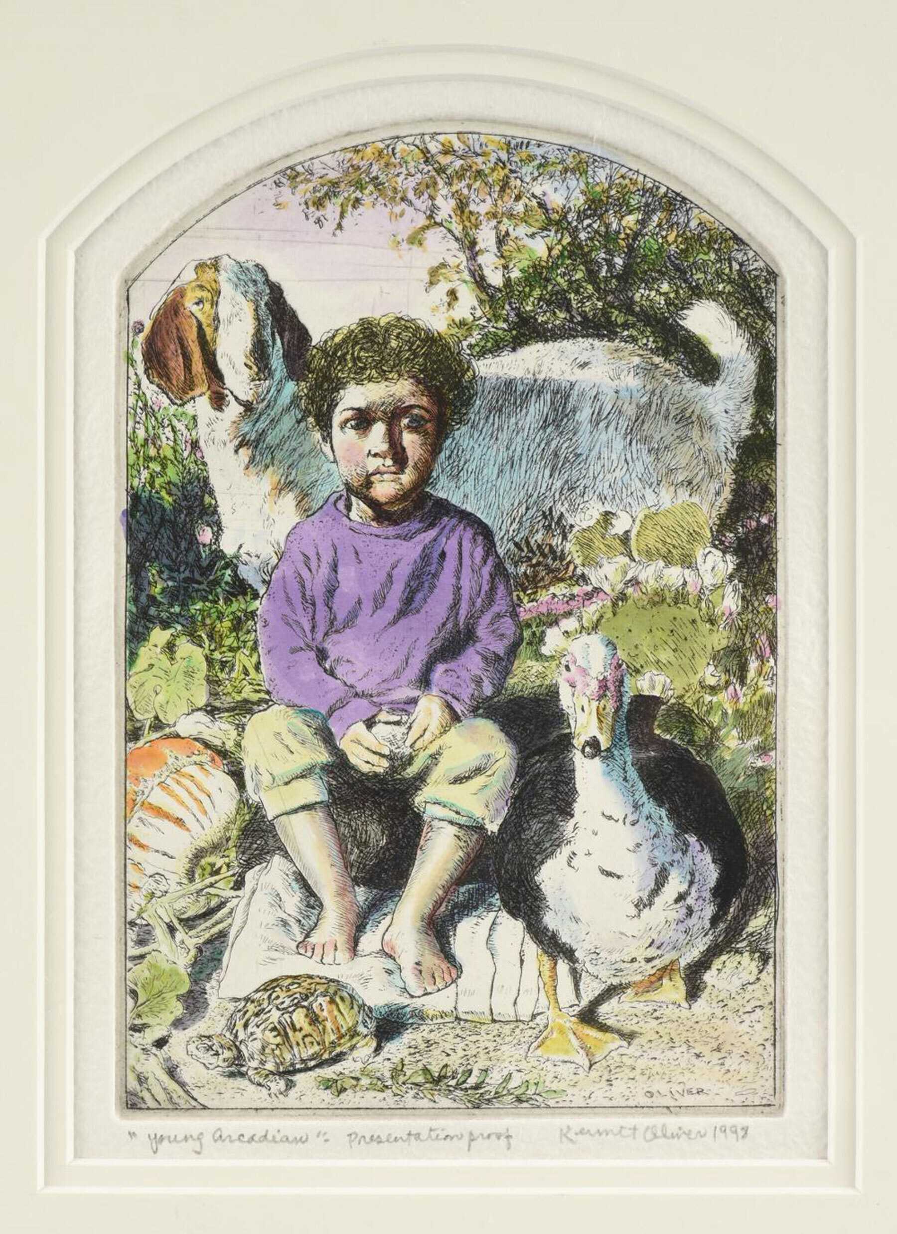 Illustration of a child sitting outdoors on a stone with bare feet, wearing a purple long-sleeve shirt and light pants, surrounded by a goat, a duck, pumpkins, and a tortoise in a garden setting.
