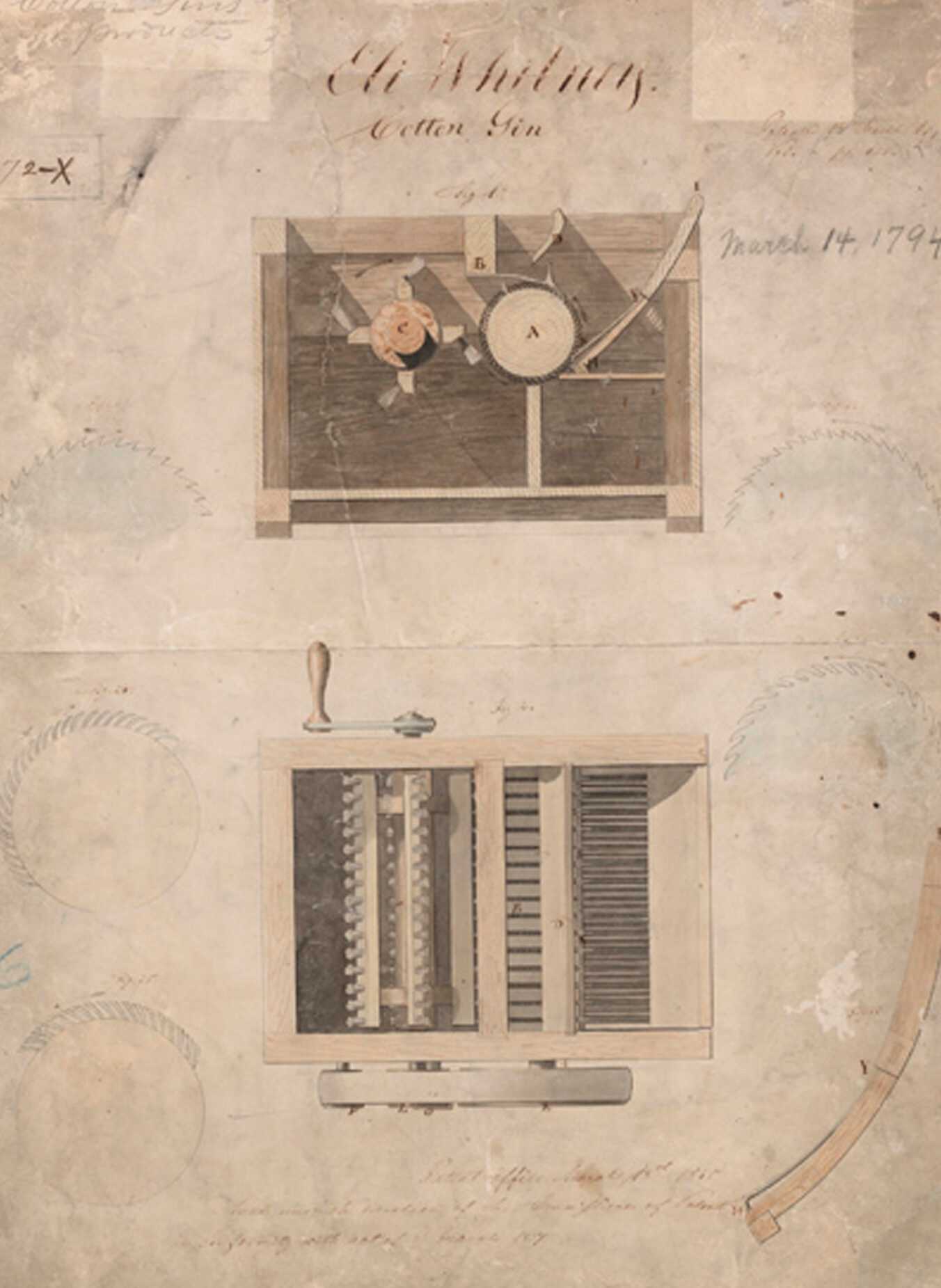 Document showing the patent for the cotton gin