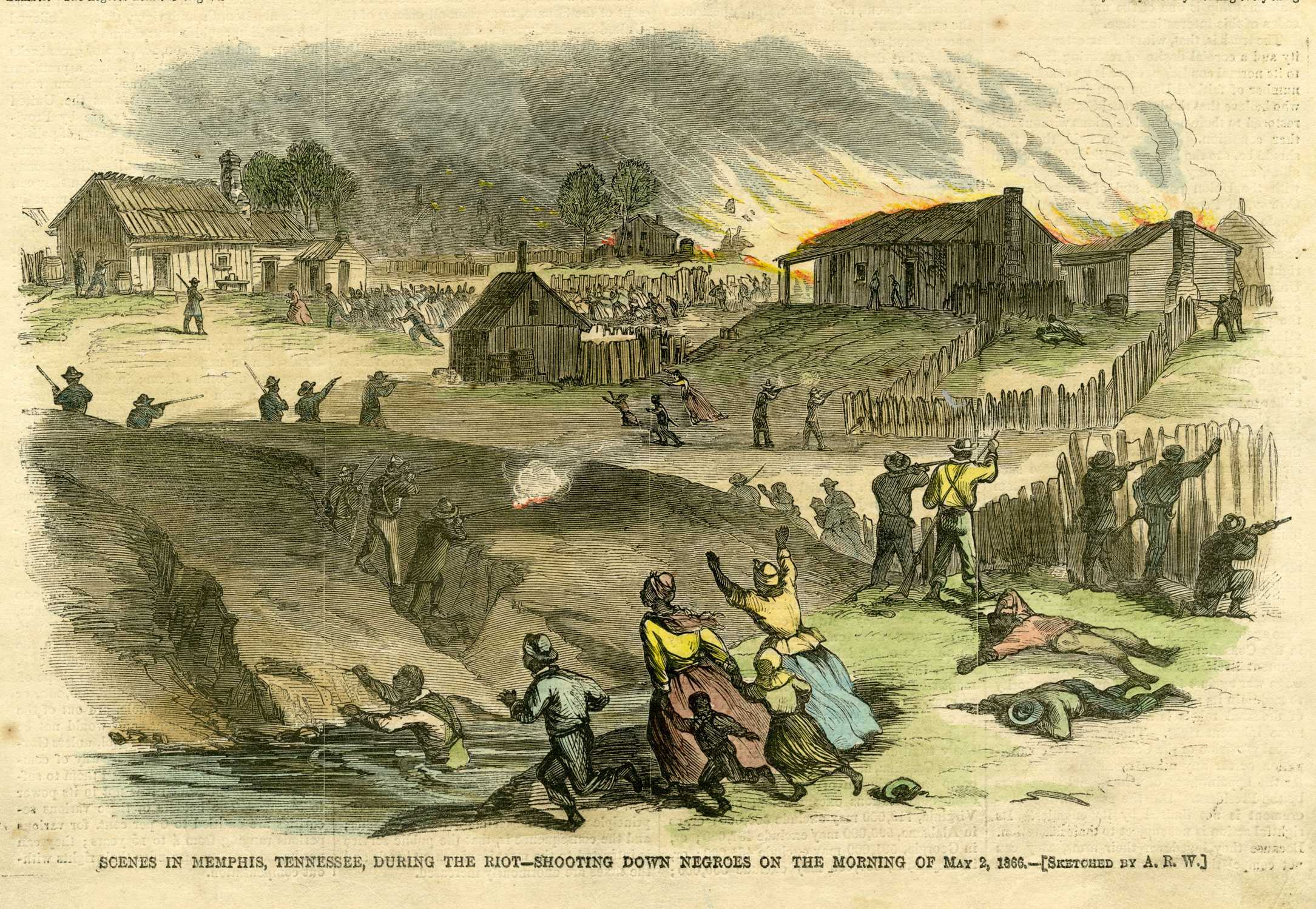A colored print depicting white civilians killing and shooting black people as they flee their homes.