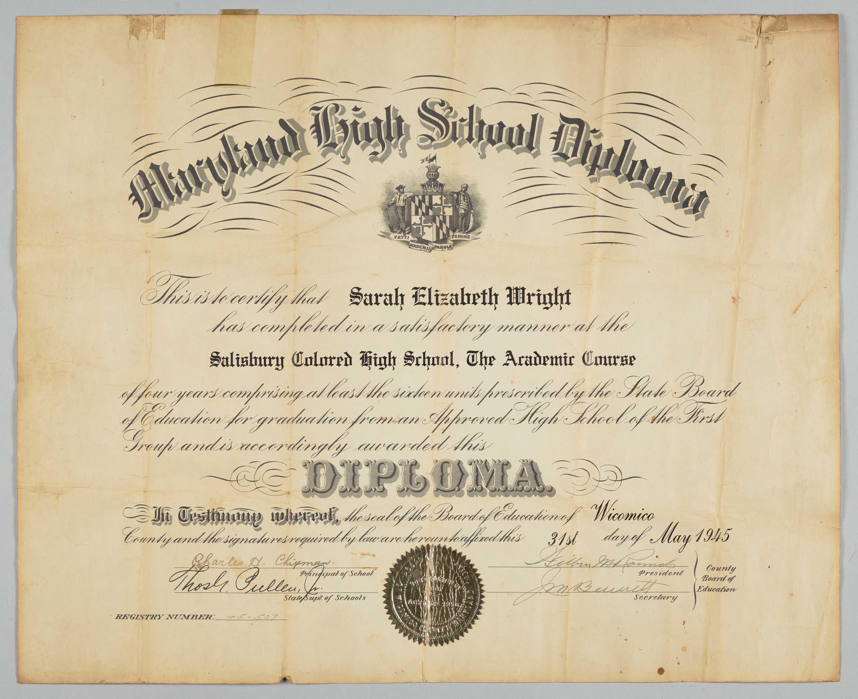 A high school diploma for Sarah E. Wright that says 'Maryland High School Diploma' at the top.