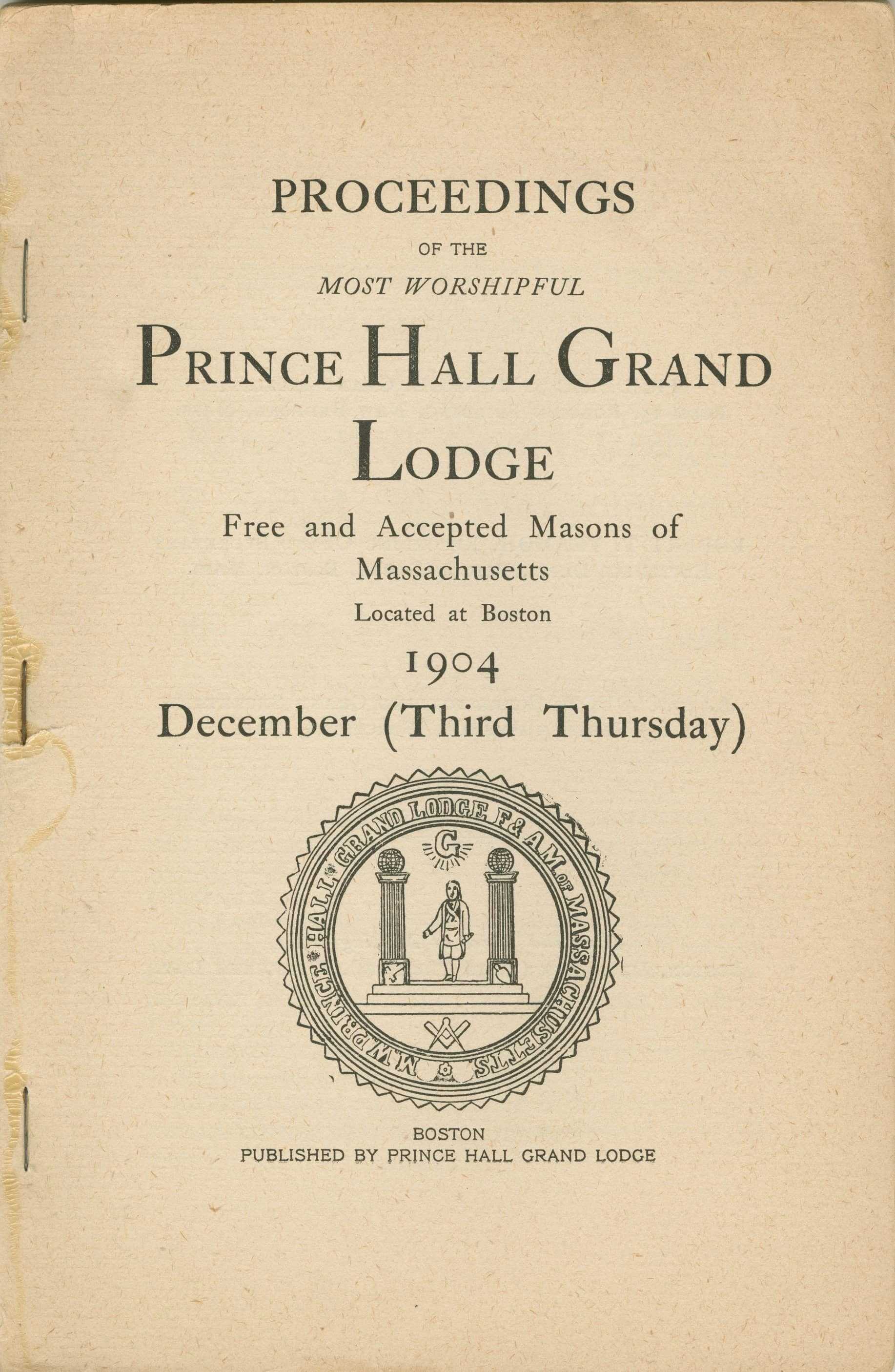 A booklet detailing the proceedings of the Prince Hall Grand Lodge of Massachusetts, 1904.