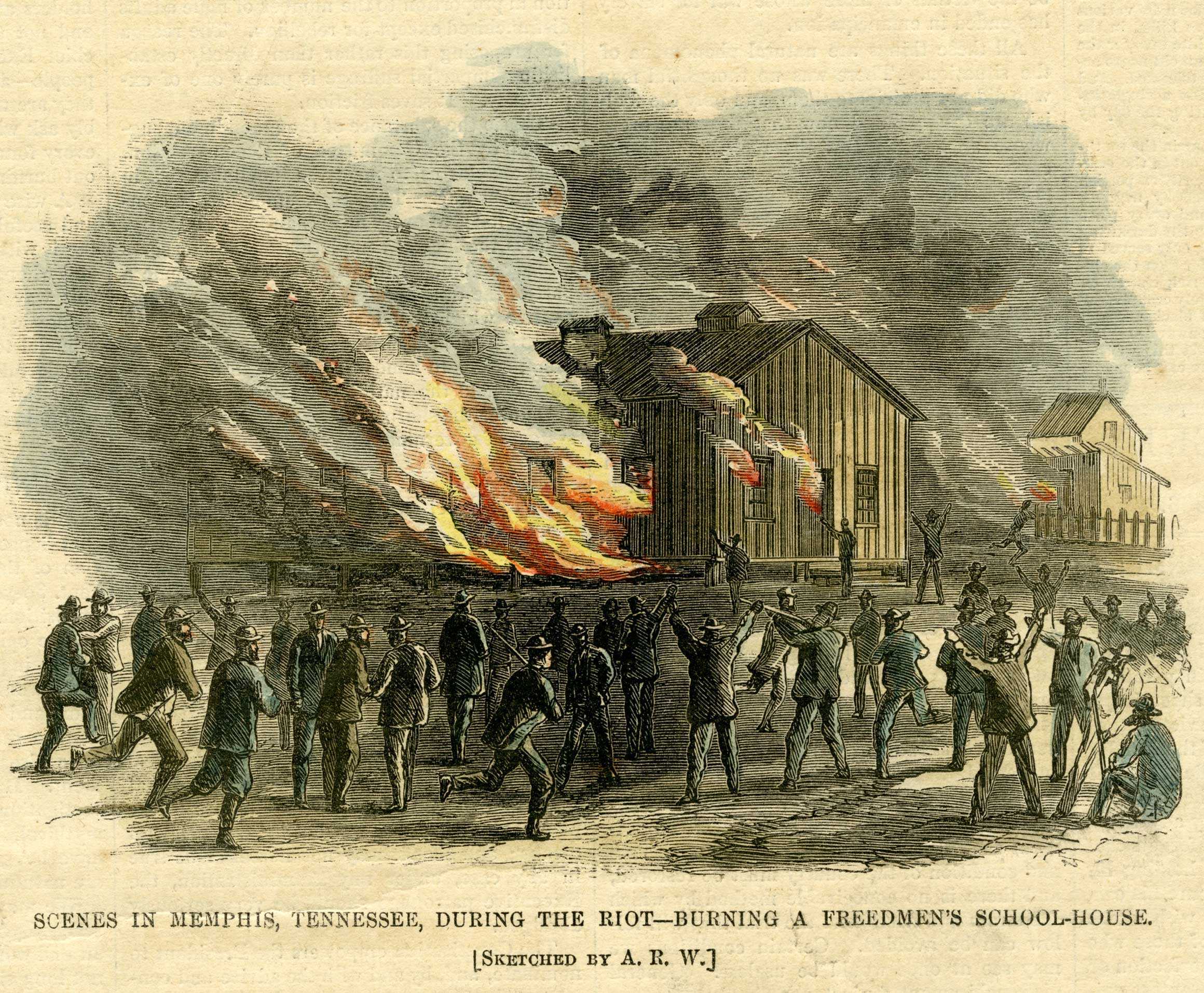 An illustration of a school house on fire. Some onlookers cheer, while others run towards help.