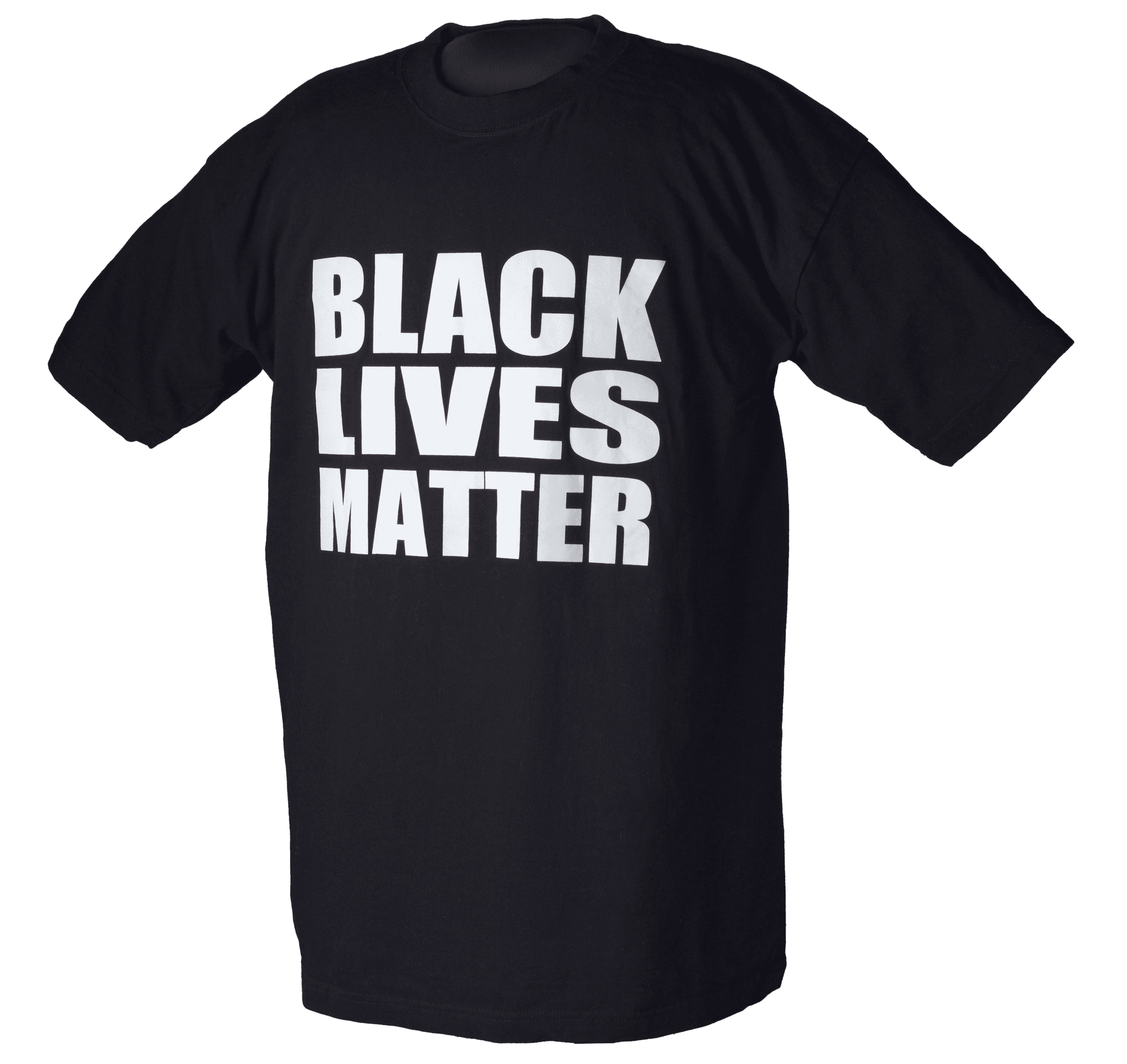 A black T-shirt with white lettering on the front. The text on the shirt reads “BLACK / LIVES / MATTER.”