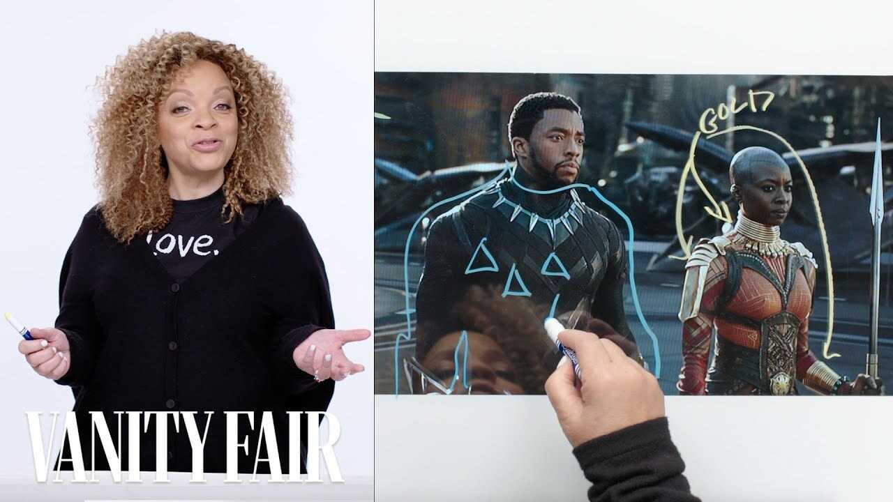 Ruth E. Carter's standing on the left and a still from Black Panther with annotations on the right.