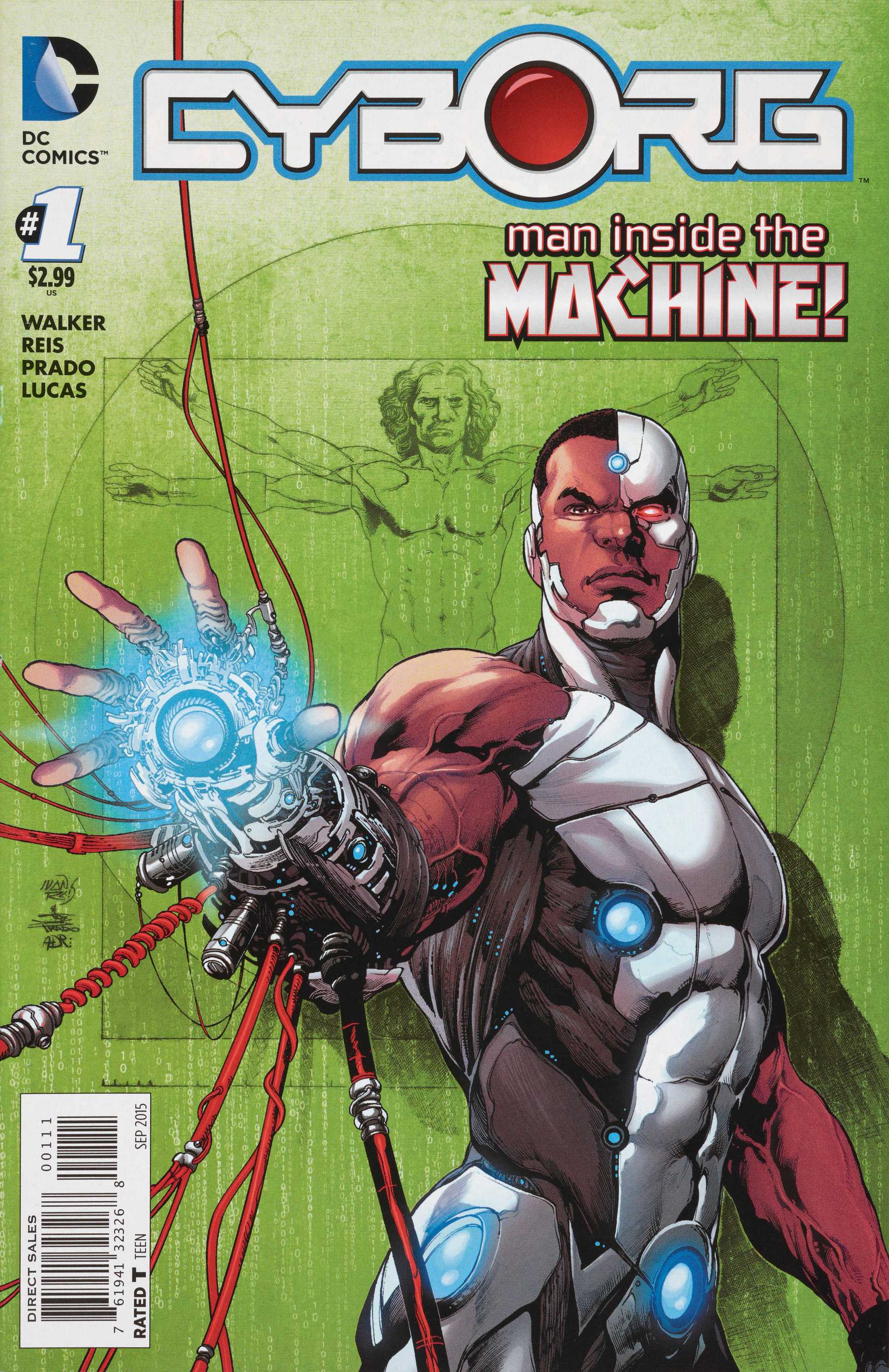 A cover of Cyborg in a powerful pose with his electric hand stretched out. This is against a green background.