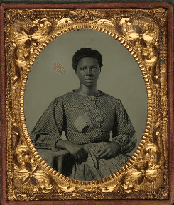 Ambrotype image of Black woman holding an American flag